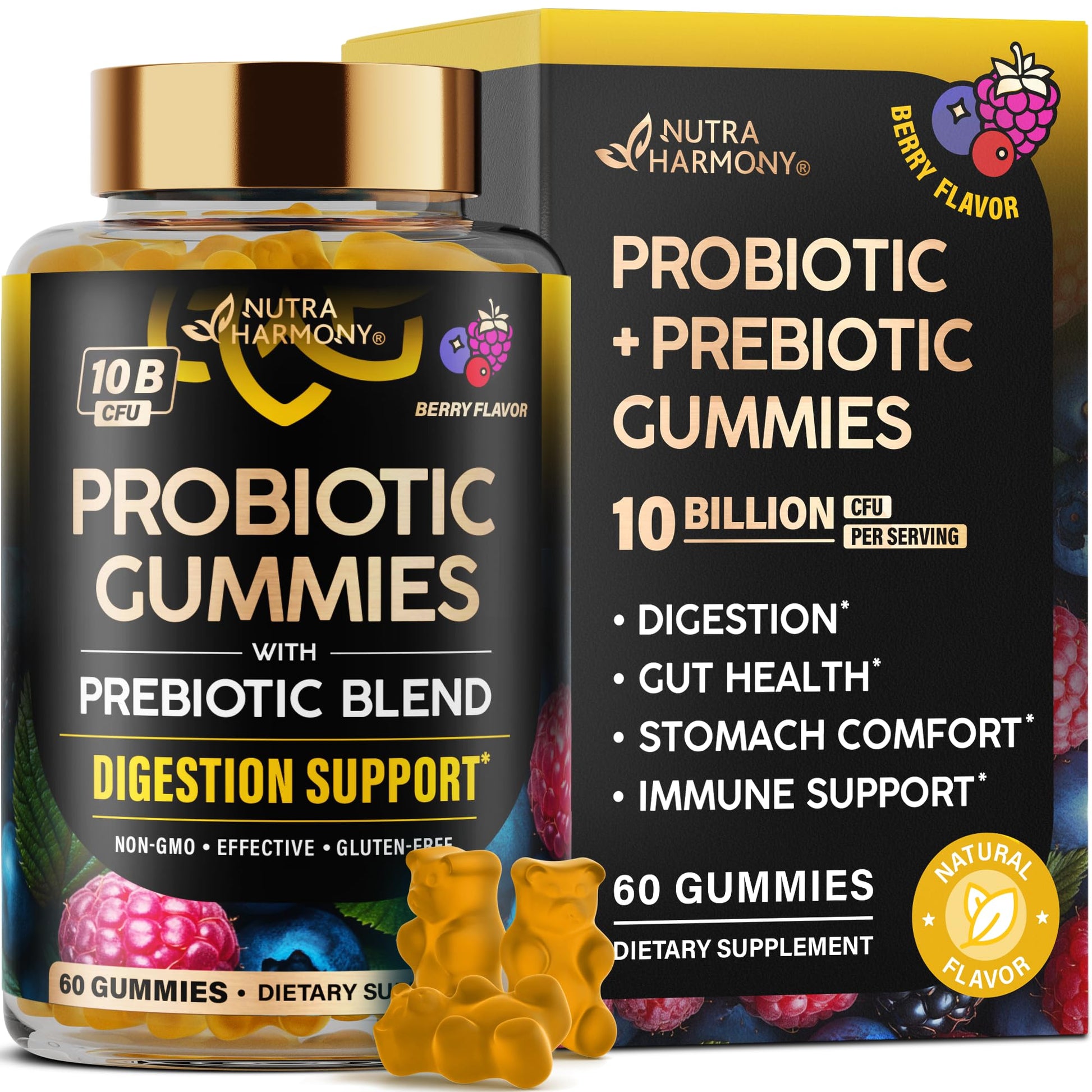 Probiotic Gummies 10B CFU with Prebiotic Fiber - Digestion & Immune Support - Debloat, Stomach & Gut Comfort - Probiotics for Women & Men - Natural Berry Flavor - Vegan & Sugar-free - 60 Gummies NUTRAHARMONY Au supplements