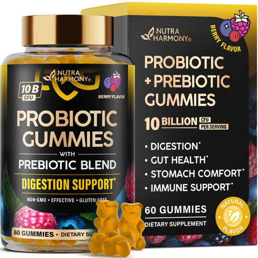 Probiotic Gummies 10B CFU with Prebiotic Fiber - Digestion & Immune Support - Debloat, Stomach & Gut Comfort - Probiotics for Women & Men - Natural Berry Flavor - Vegan & Sugar-free - 60 Gummies NUTRAHARMONYAU supplements