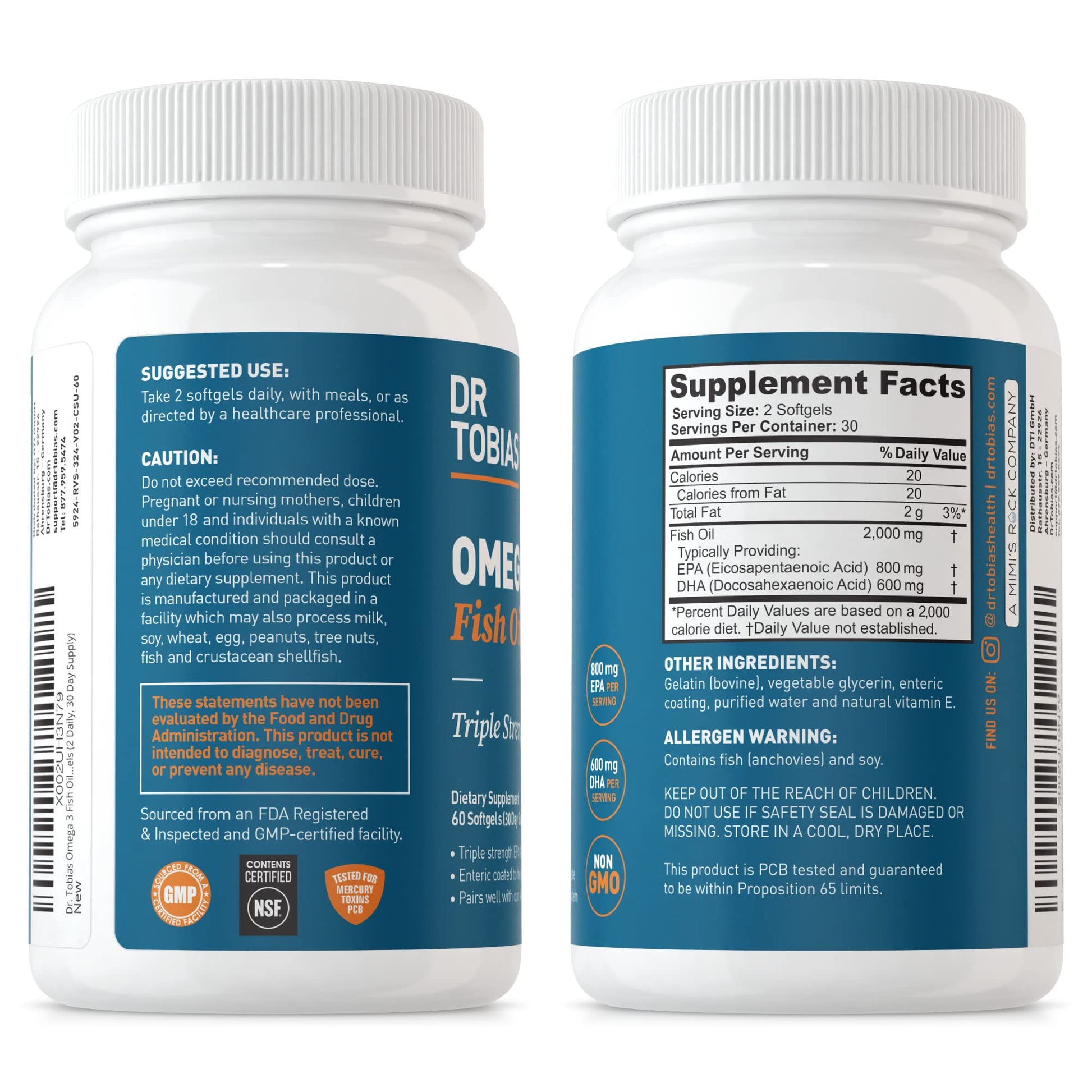 Dr. Tobias Omega 3 Fish Oil, 800 mg EPA 600 DHA Supplement for Heart, Brain & Immune Dr. Tobias Au supplements