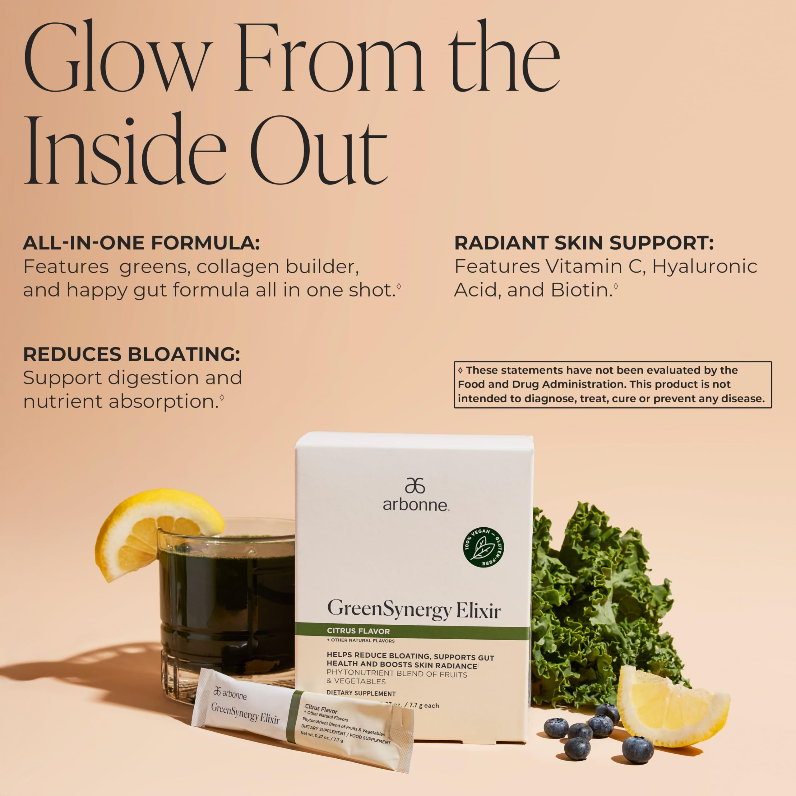 Arbonne GreenSynergy Elixir – Citrus-Flavored Greens Powder with 13 Digestive Enzymes, Vegan Collagen Builder, Probiotics, and Prebiotics – Supports Gut Health and Digestion – 30 Stick Packs Arbonne Au supplements