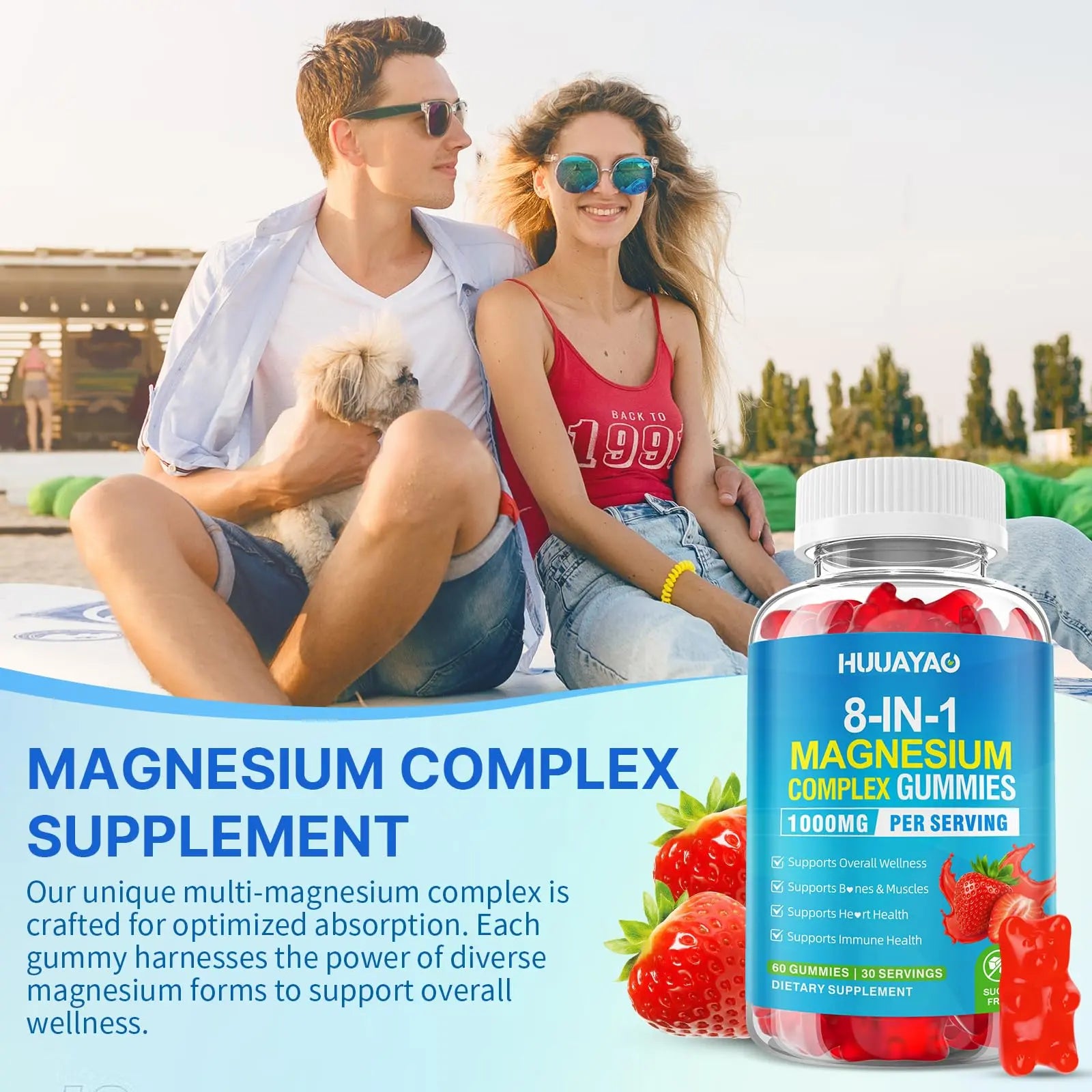 Magnesium Complex Gummies for Women Men 8 in 1, Magnesium Glycinate, Citrate, Malate, Taurate, Supports Bones, Muscle, Nerve Health, Sugar-Free, Vegan Non-GMO, Strawberry Flavor, 120 Count HUUAYAO Au supplements