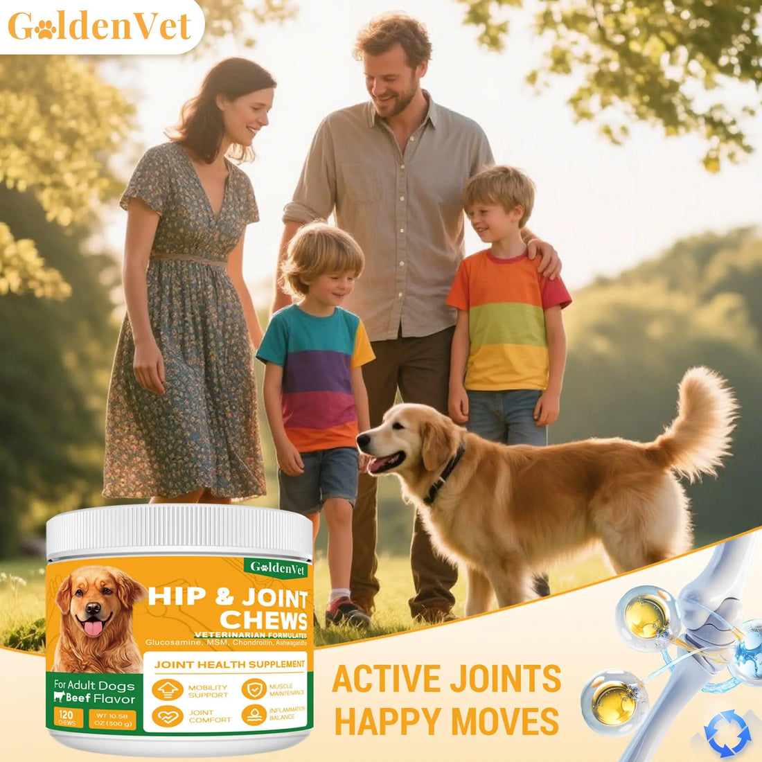 Hip and Joint Chews for Senior Dogs with Glucosamine HCL, Chondroitin, Green-lipped Mussel, Ashwagandha for Anti Inflammatory, Mobility Support, Muscle Maintenance, Joint Comfort 120 Ct GOLDENVET uk supplements