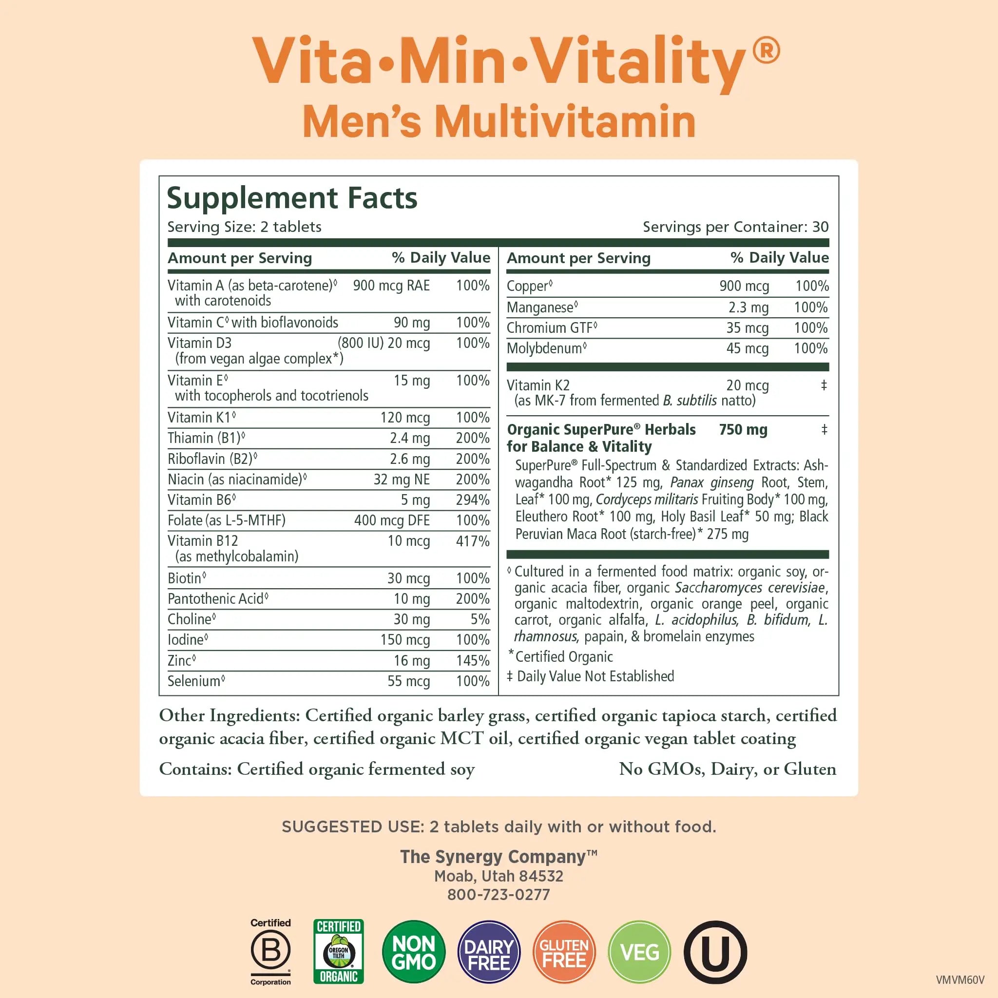 PURE SYNERGY Vita·Min·Vitality | Natural Multivitamin for Men | Men’s Daily Multivitamin Made with Organic Whole Foods | PURE SYNERGY Au supplements