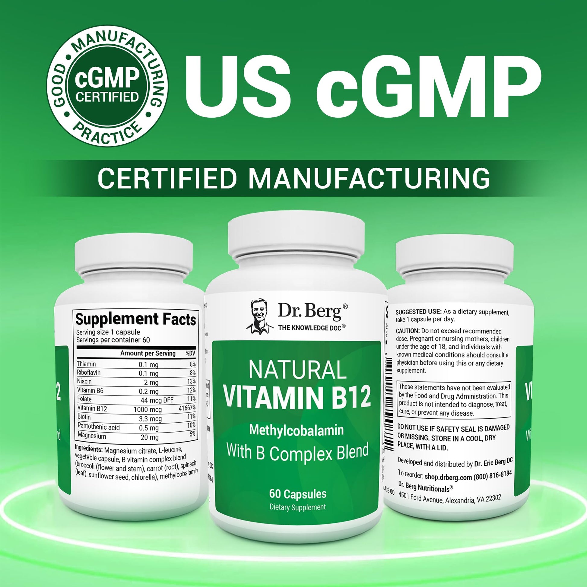 Dr. Berg Natural Vitamin B12 1000 mcg with B Complex Blend - Methylcobalamin B12 for Energy, Nerve Health, and Cognitive Function* - Methylated B12 with Folate - 60 Capsules (2-Month Supply) Dr. Berg Nutritionals Au supplements