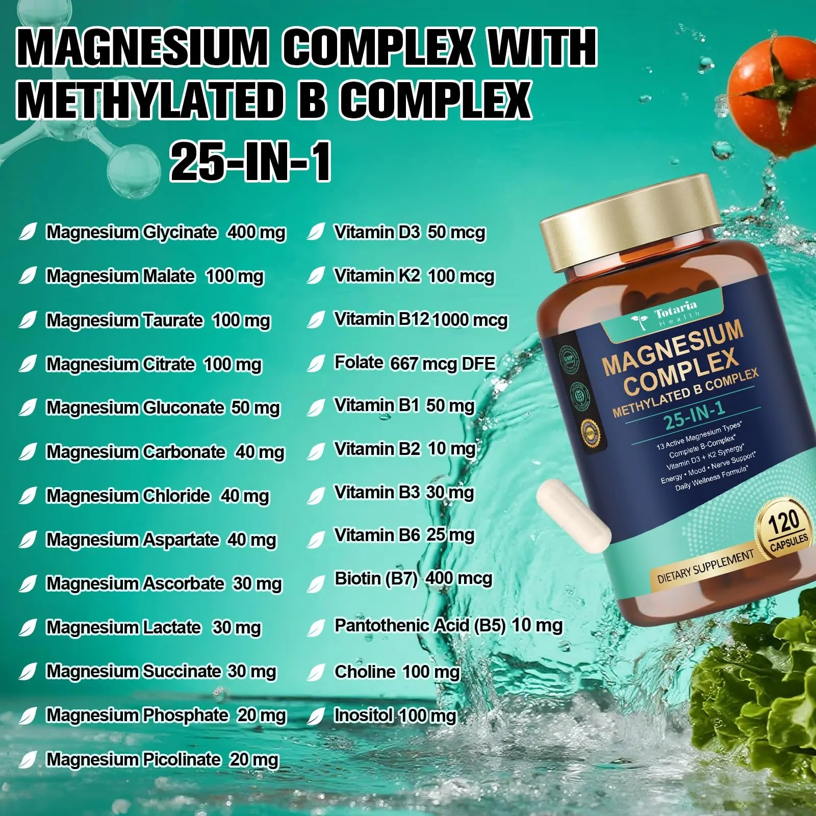 25-in-1 Magnesium Complex with Methylated B Complex Magnesium Glycinate Citrate Malate Taurate Gluconate Aspartate Carbonate D3 K2, Magnesium Supplement for Relaxation Energy & Nerve, 120 Vegan Caps Totaria Au supplements