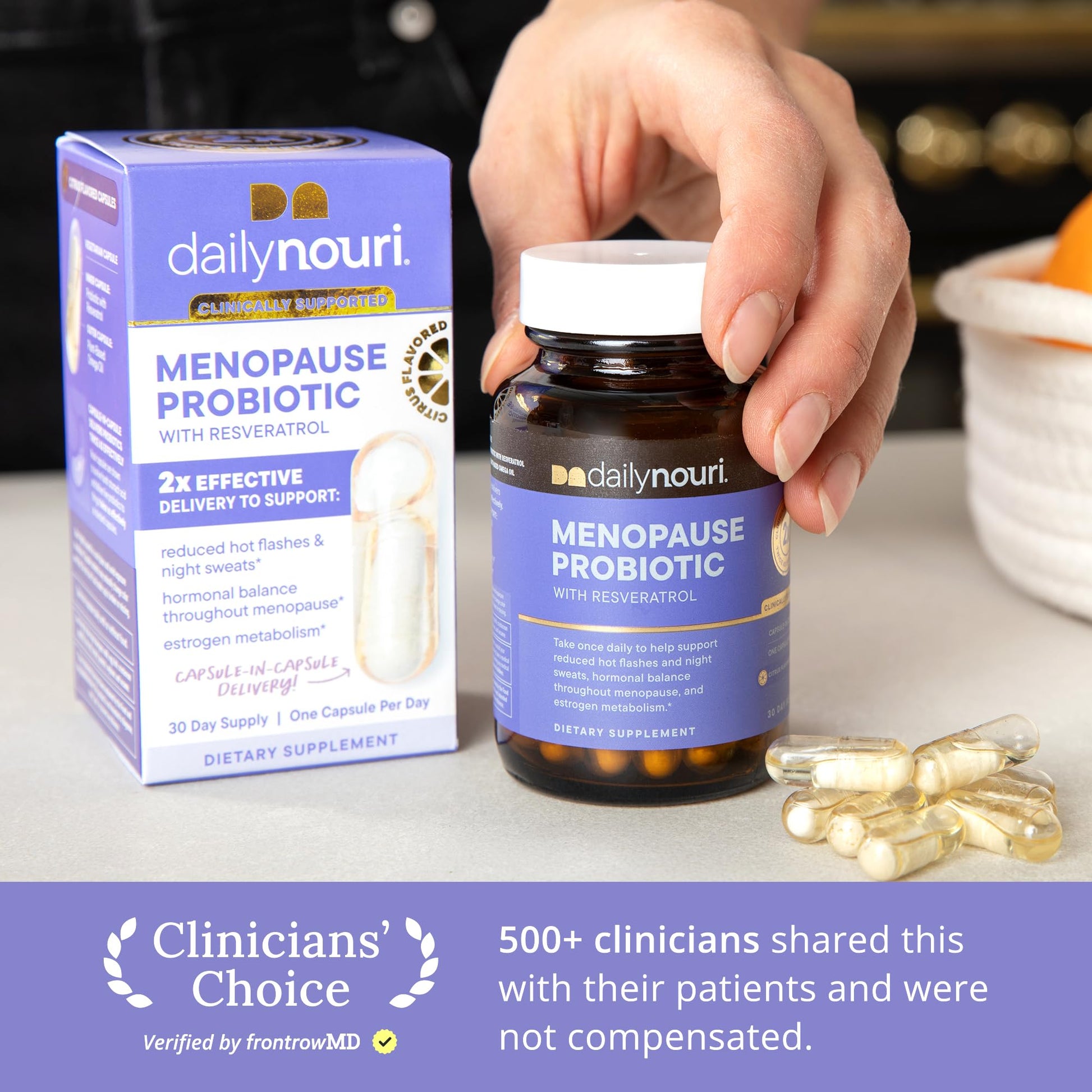 Daily Nouri Menopause Probiotics for Women | Hormonal Balance, Hot Flashes, Night Sweats & Gut Health | 3 Clinically Studied Strains + Resveratrol & Omega | 30-Day Supply Daily Nouri Au supplements