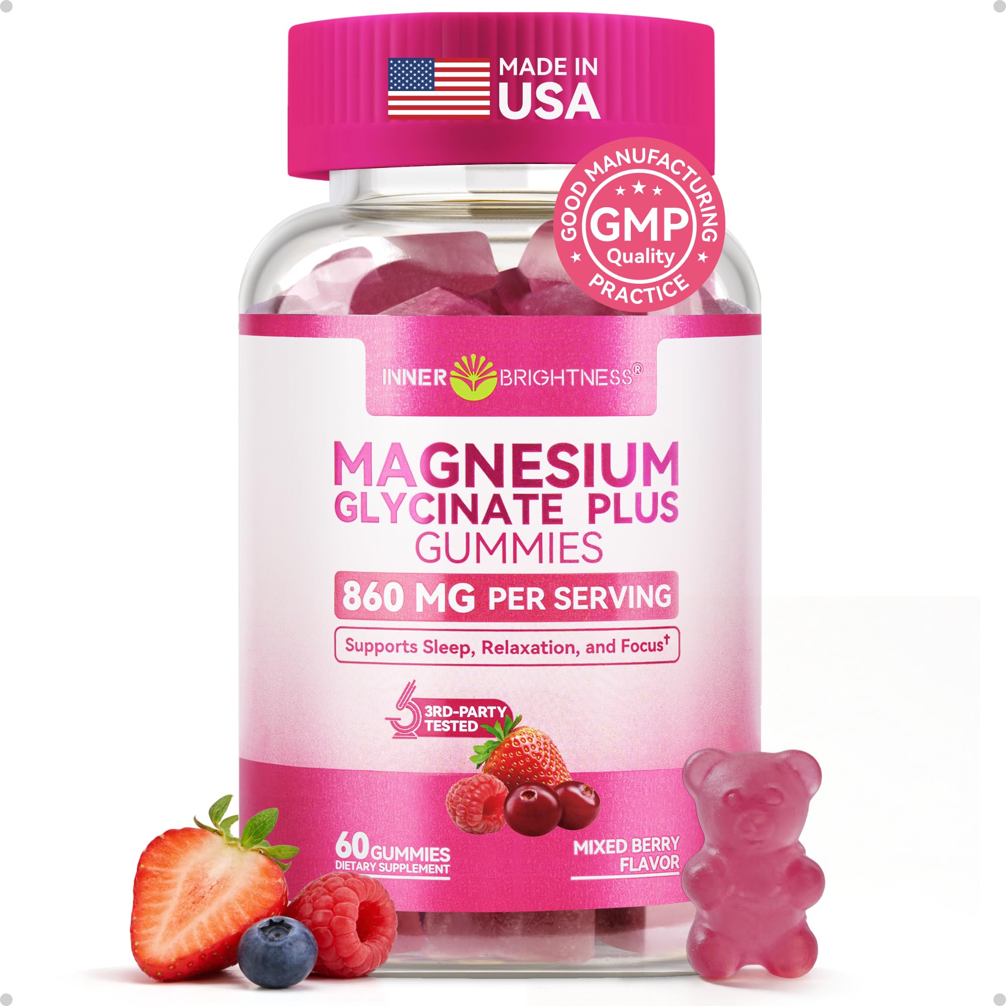 Magnesium Glycinate Plus Gummies 860mg, Sugar-Free, Non-GMO, Gluten-Free, Magnesium Gummies for Adults & Kids, Sleep, Relaxation & Focus, Magnesium Supplement for Women, Mixed Berry Flavor, 60 Count Inner Brightness Au supplements