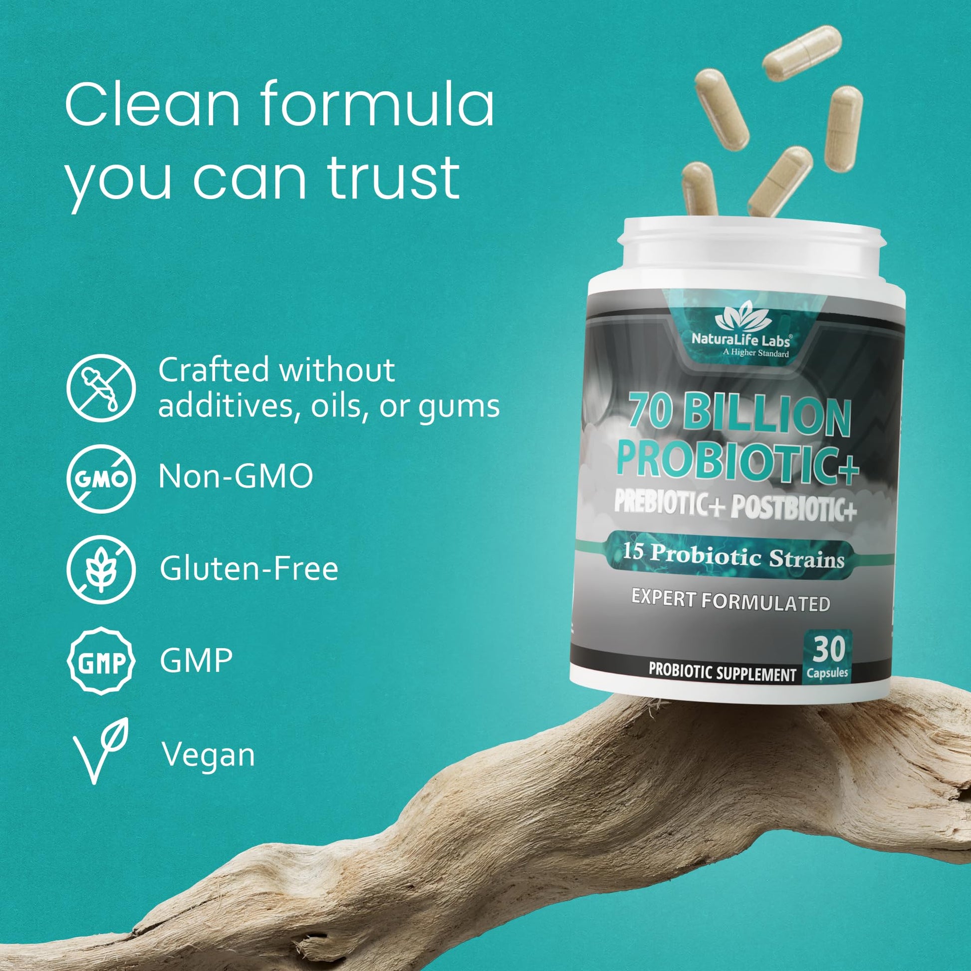 NaturaLife Labs Probiotics 70 Billion CFU – 15 Strains with Organic Prebiotic & Postbiotic – 3-in-1 Formula – 30 Vegan Capsules NaturaLife Labs Au supplements