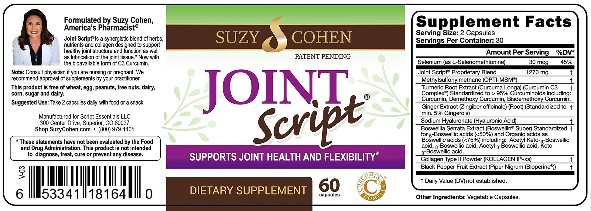 Suzy Cohen Joint Script Joint Support Supplement with Hyaluronic Acid, C3 Curcumin Turmeric Extract, MSM, Collagen Peptides, Ginger, and Boswellia for Maximum Flexibility, Tendon and Cartilage Health Script Essentials Au supplements