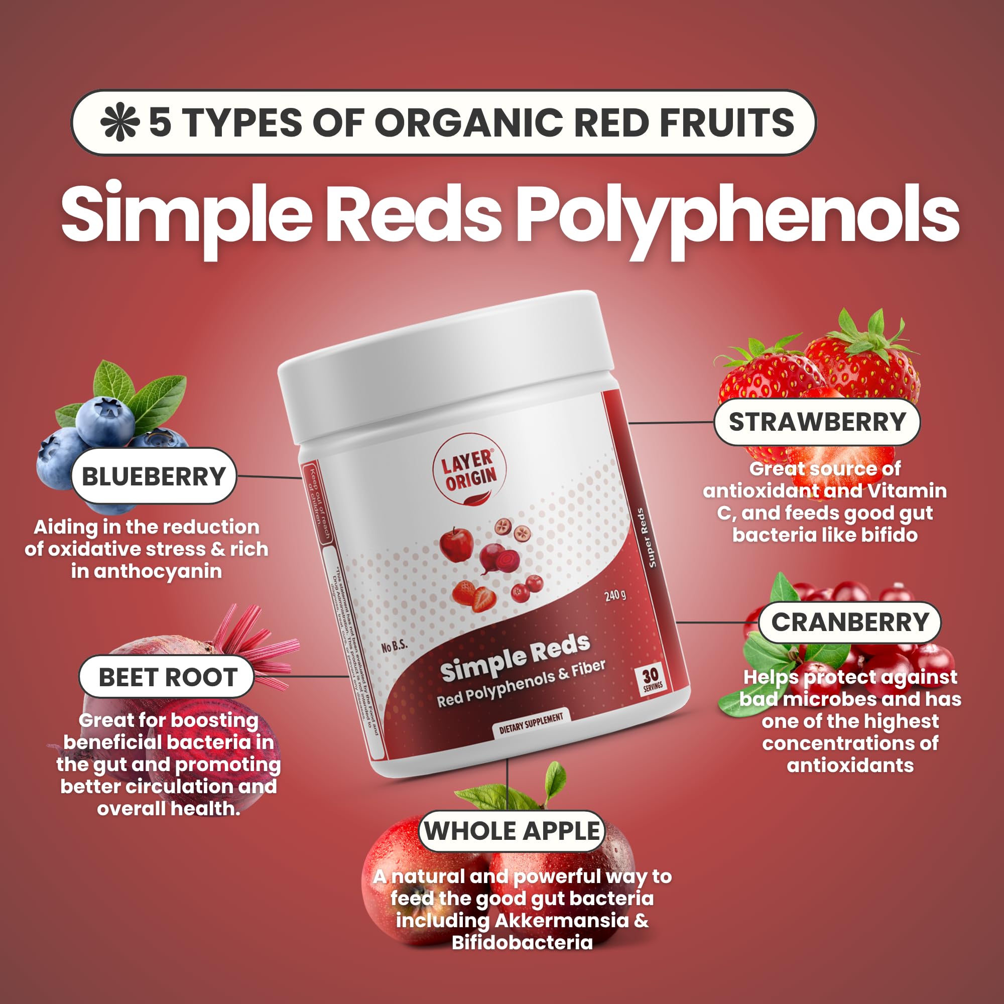 Layer Origin Simple Reds - Organic Red Polyphenols Whole Fruit Powder | Five Real Whole Fruits | 30 Servings Layer Origin Au supplements