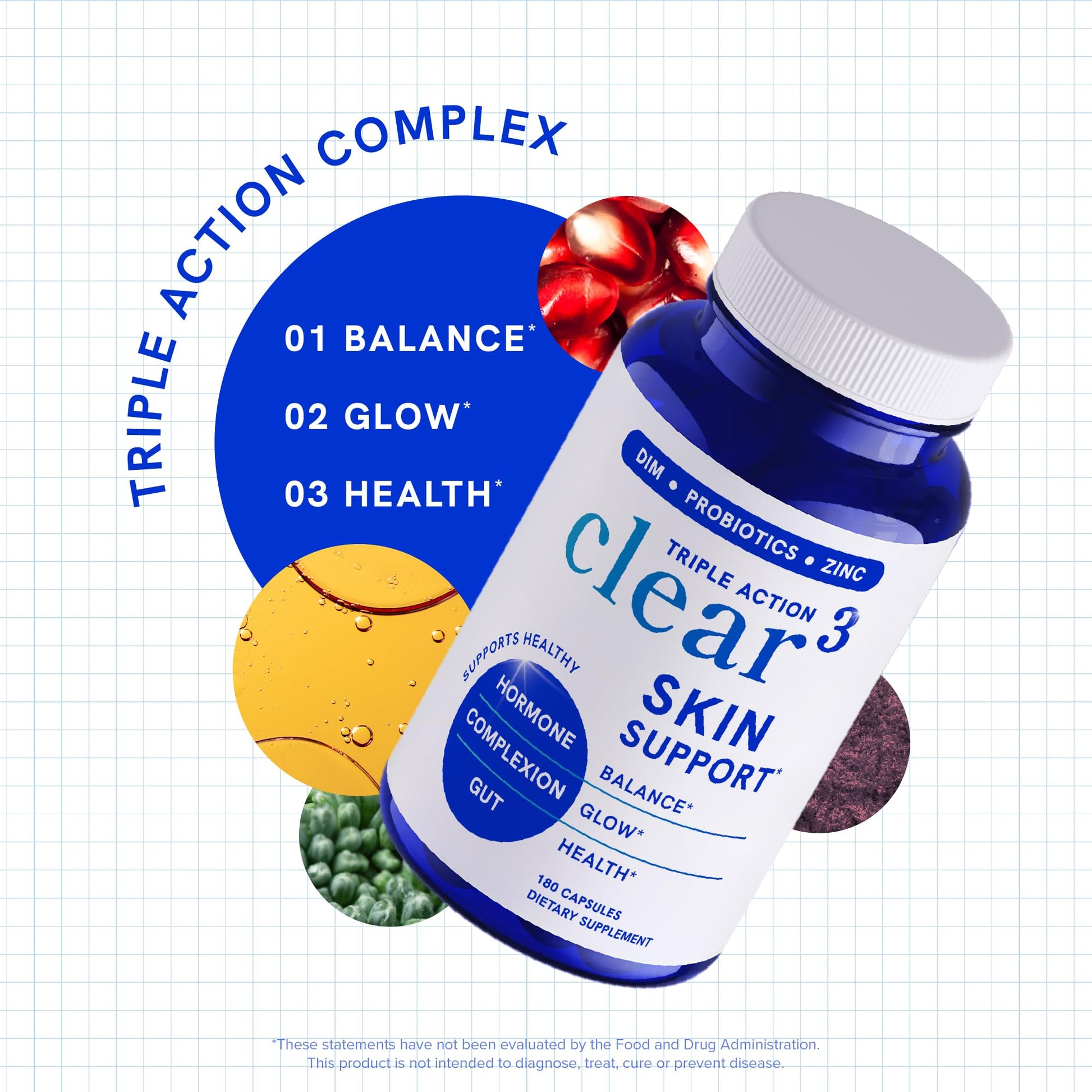 Clear Skin Supplement with Zinc, DIM & Probiotics | 3-in-1 Balance, Glow & Health Skin Support | Triple Action Hyaluronic Acid, Niaciminide & Vitamins for Hormone, Complexion & Gut Support | 180 Ct SMNutrition Au supplements