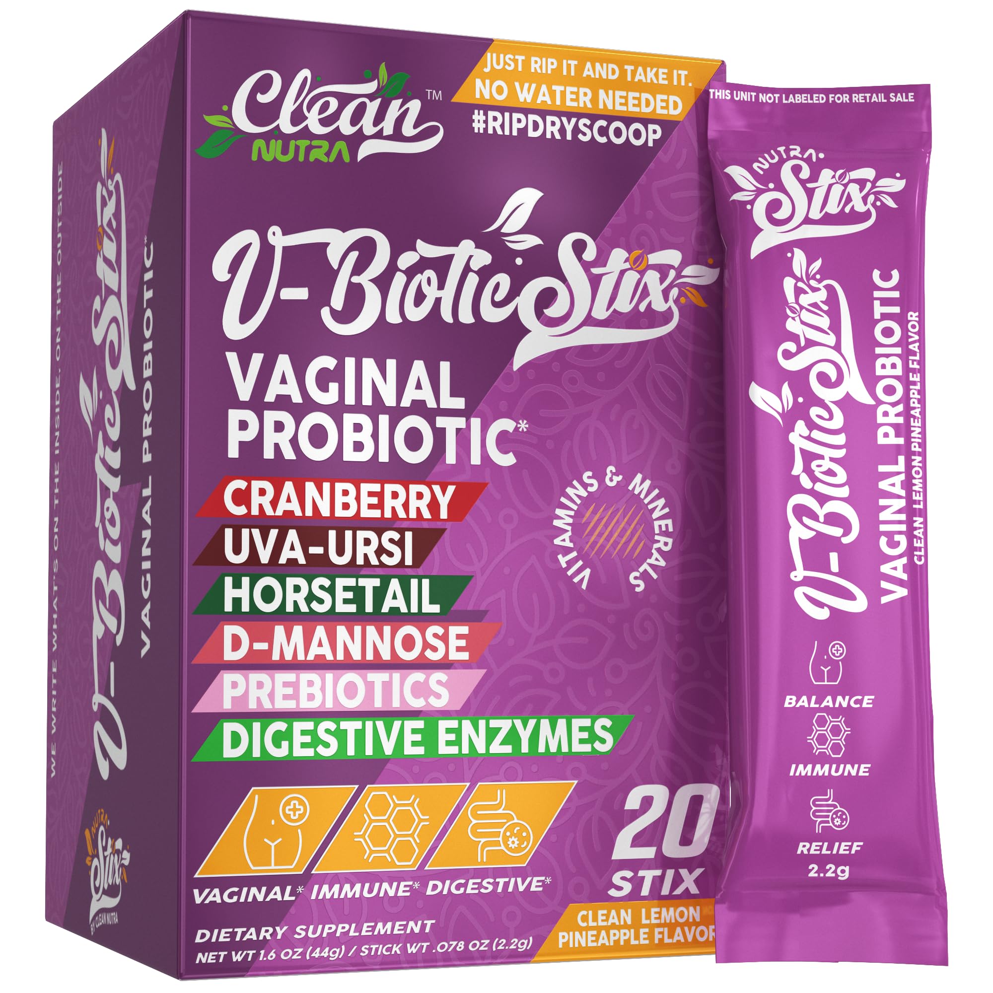 Clean Nutraceuticals Vaginal Probiotics for Women with Cranberry Extract, D-Mannose, Prebiotics, pH Balance for Women, Vaginal Health – Womens Probiotic Alternative to Gummies - 20 Stix Clean Nutraceuticals Au supplements