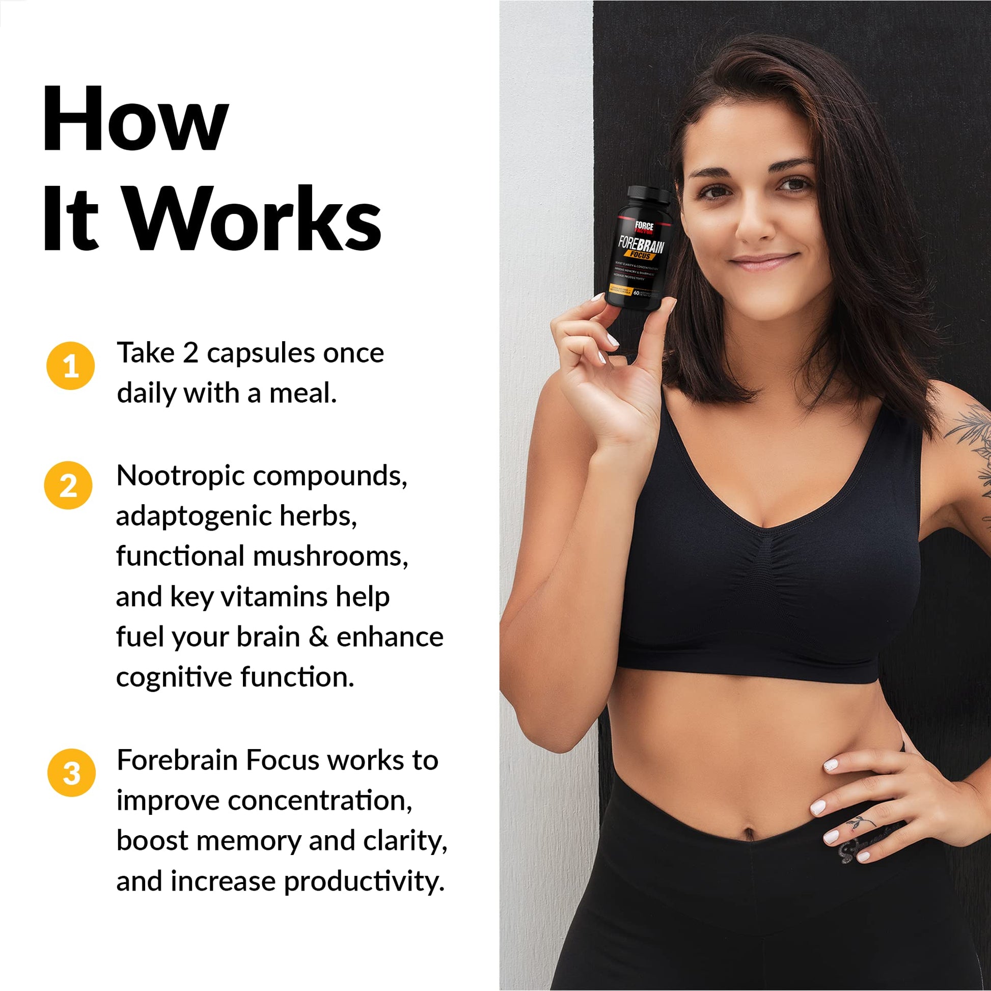 Forebrain Focus Brain Booster, Brain Supplement to Boost Clarity & Concentration, Improve Memory & Sharpness & Productivity, Nootropic Brain Support Supplement, Force Factor, 120 Capsules, Black Force FactorUS supplements