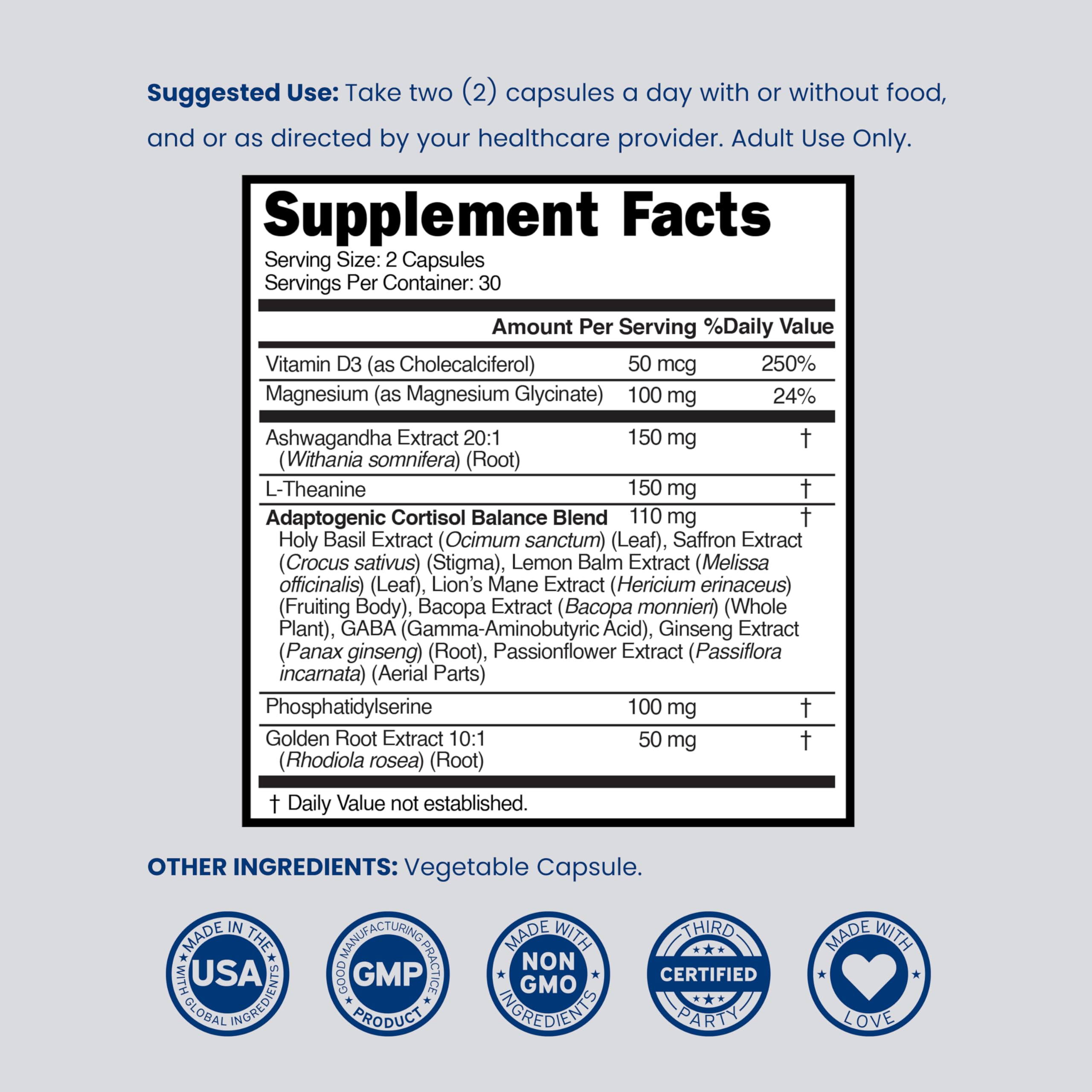 Cortisol Supplements for Women & Men with 14 in1 Blend (Magnesium, Ashwagandha, L Theanine & More) Healthy Cortisol Balance & Calm Mood Support - Third Party Tested, Non GMO, USA Made - 60 Count DORADO NUTRITION Au supplements