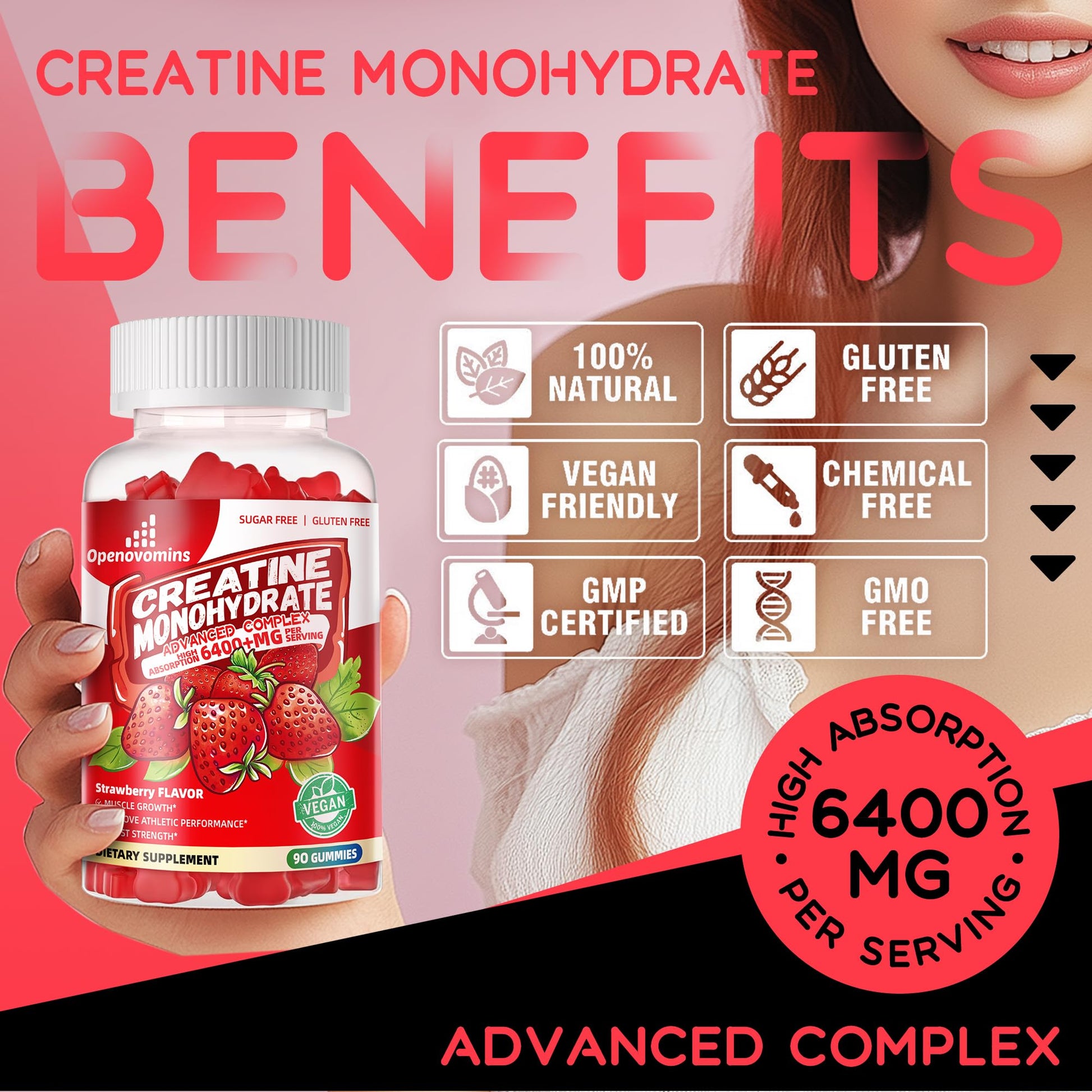 Creatine Monohydrate Gummies Complex for Men & Women -Advanced Formula W/L-Taurine + Vitamin B12, Sugar Free Chewable Supplement,90 Strawberry Gummies Openovomins Au supplements