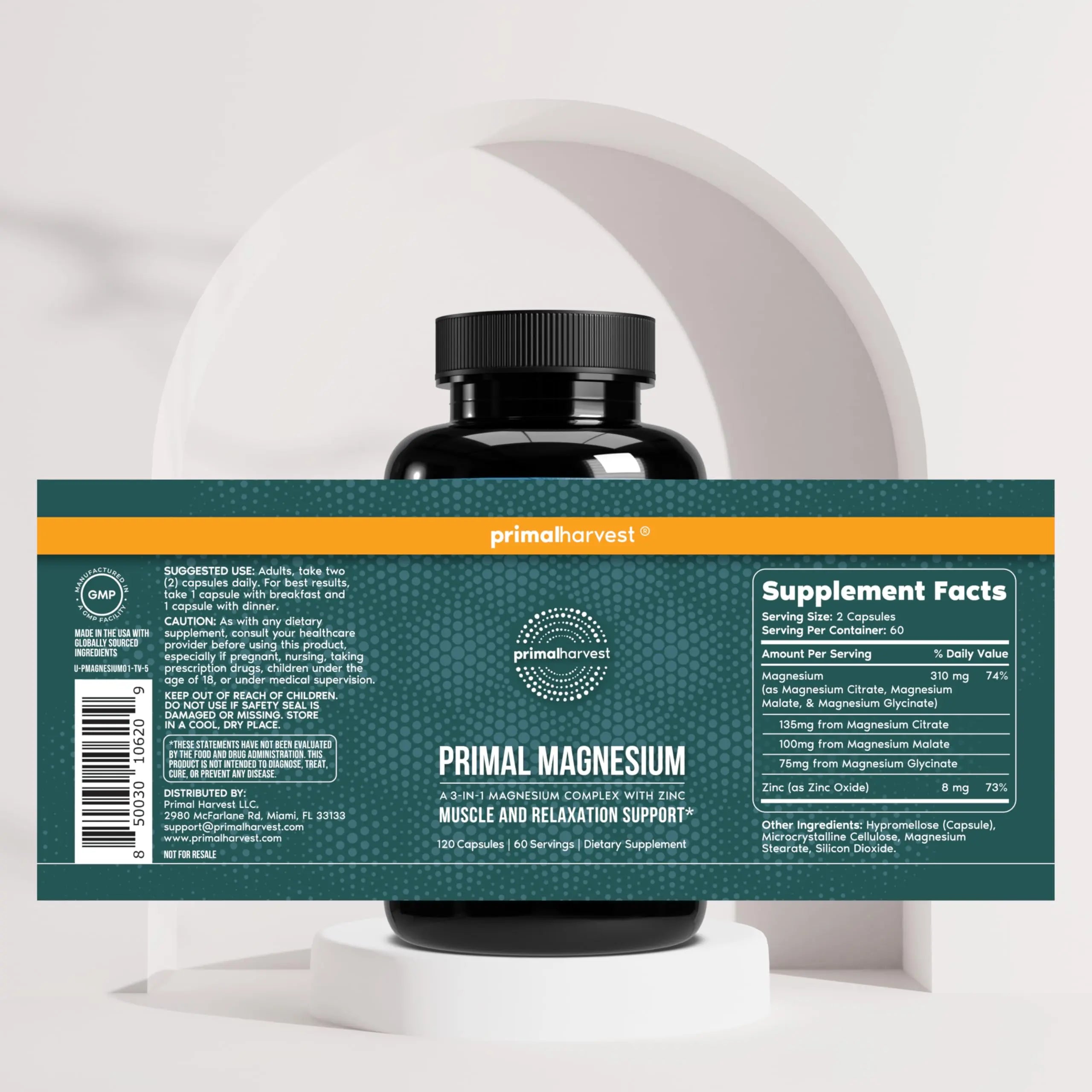 Magnesium Supplement Complex 310mg by Primal Harvest with Magnesium Glycinate, Citrate, Malate, and Zinc 120 Capsules Primal Harvest Au supplements