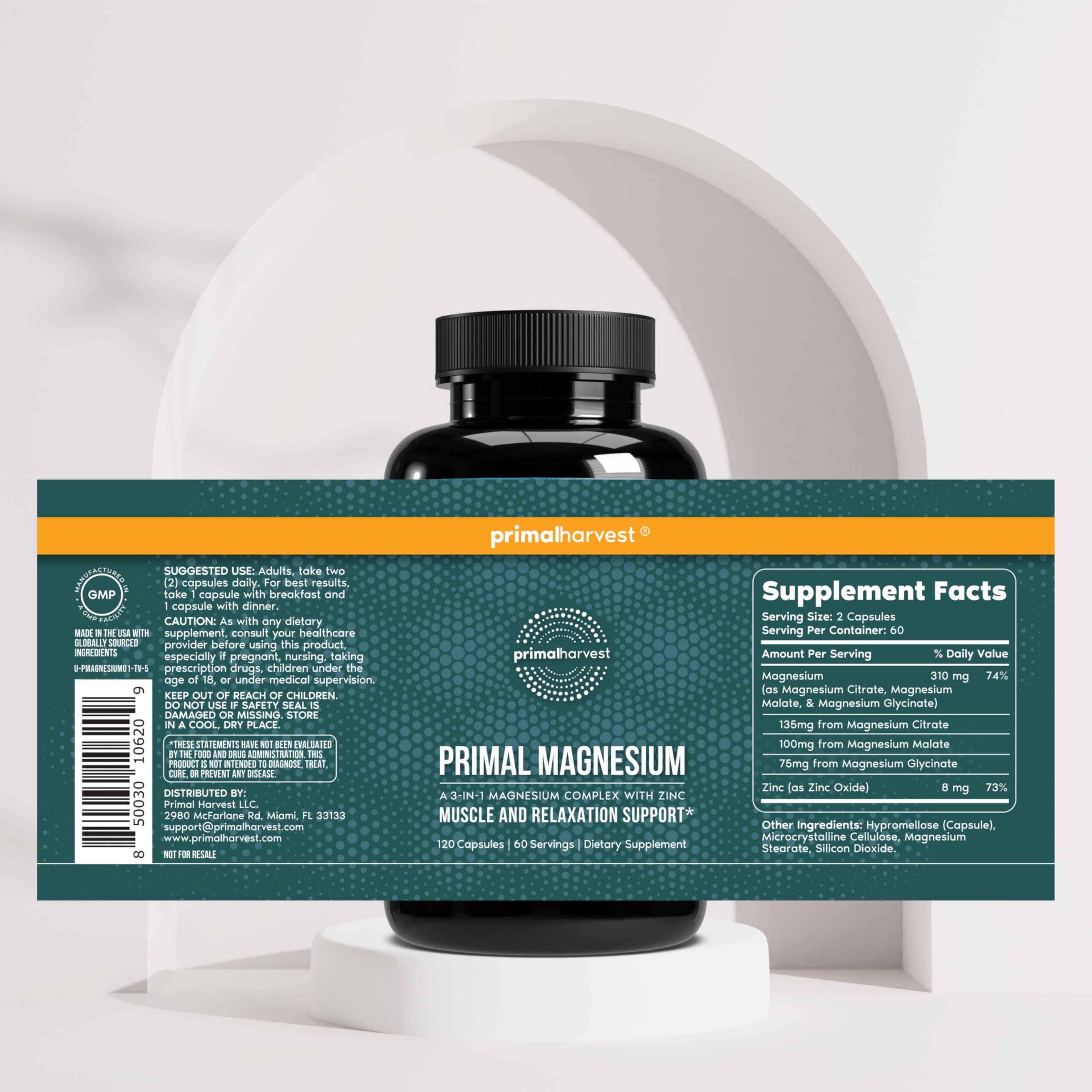 Magnesium Supplement Complex 310mg by Primal Harvest with Magnesium Glycinate, Citrate, Malate, and Zinc 120 Capsules Primal Harvest Au supplements