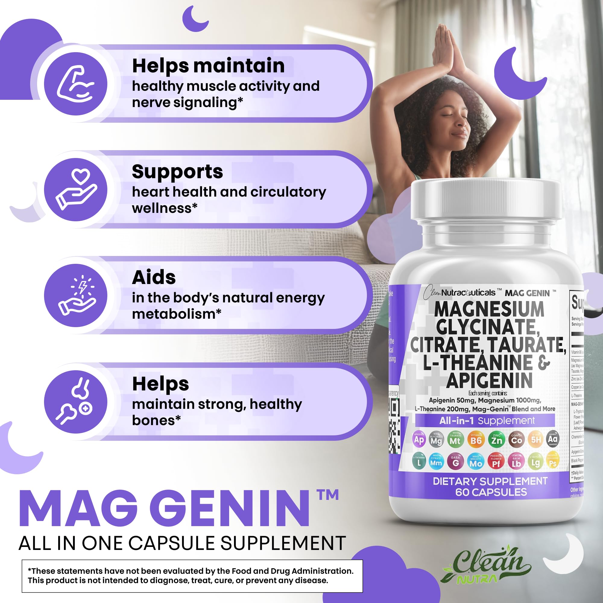 Clean Nutraceuticals Magnesium Glycinate Complex 1000mg with L-Theanine 200mg Apigenin 50mg Citrate Taurate Supplement - 5-HTP GABA Passion Flower Lemon Balm L-Glycine Phosphatidylserine - 60 Count Clean Nutraceuticals Au supplements