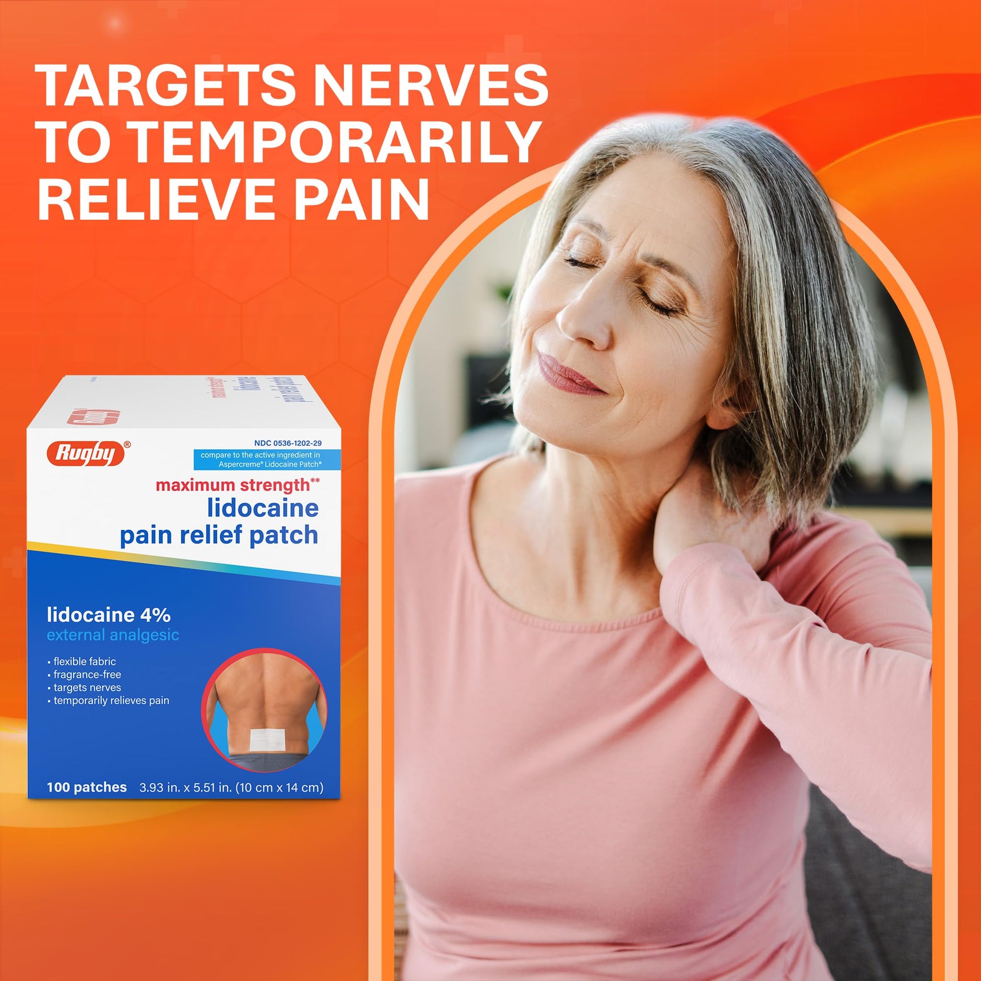 Rugby Maximum Strength 4% Lidocaine Pain Relief Patch- External Analgesic - Flexible Fabric, Fragrance-Free - Temporarily Relieves Pain - 100 Patches (10 cm x 14 cm Each) RUGBY LABORATORIES Au supplements
