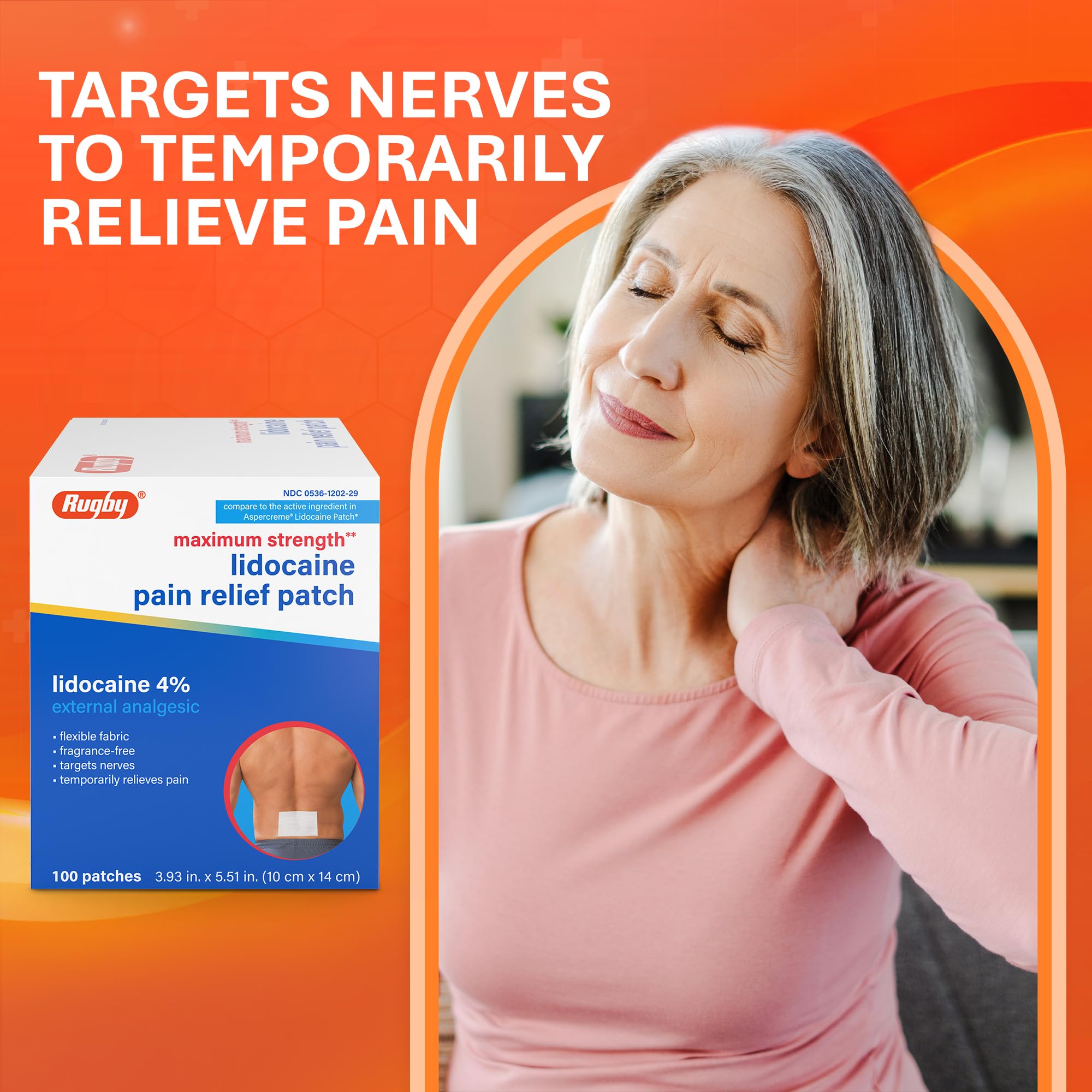 Rugby Maximum Strength 4% Lidocaine Pain Relief Patch- External Analgesic - Flexible Fabric, Fragrance-Free - Temporarily Relieves Pain - 100 Patches (10 cm x 14 cm Each) RUGBY LABORATORIES Au supplements