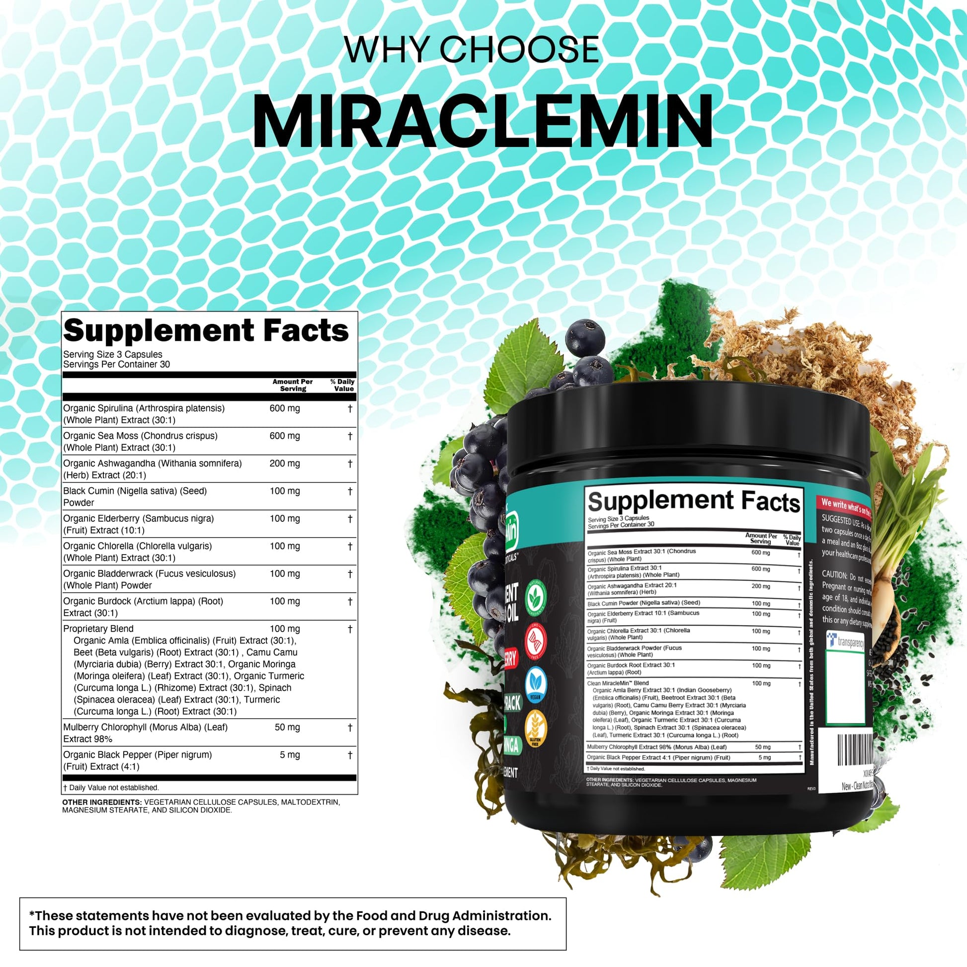 Clean Nutra Organic Sea Moss Capsules with Ashwagandha, Black Seed Oil, Burdock Root, Bladderwrack, Moringa, Chlorella, Spirulina, Turmeric, Elderberry, Amla – 90 Vegan Capsules – MiracleMin Clean Nutraceuticals Au supplements