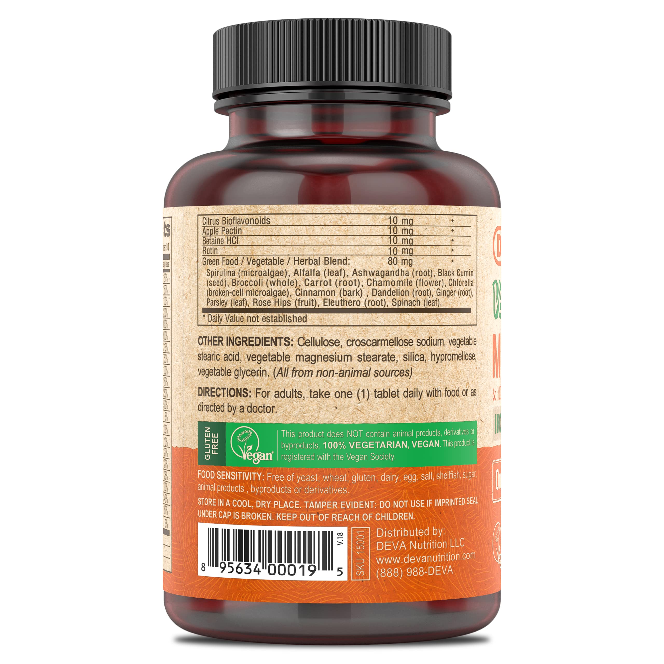 DEVA Vegan Iron-Free Multivitamin & Mineral Supplement, Green Food Blend, Spirulina, Chlorella, Ashwagandha, Broccoli, 90 Coated Tablets DEVA Au supplements