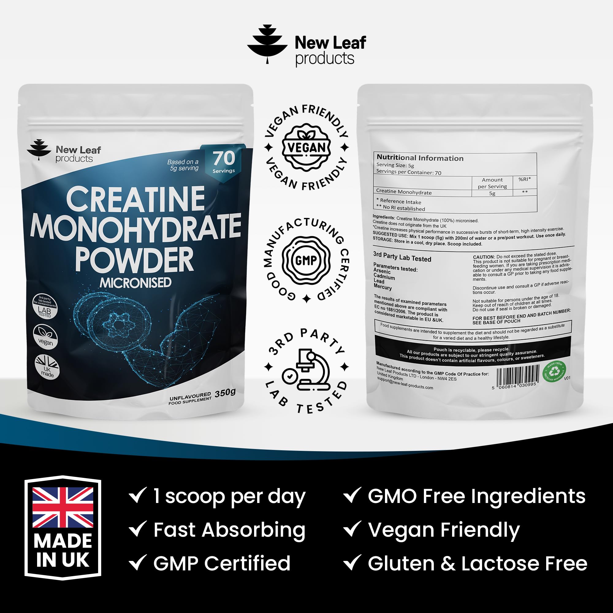 Creatine Monohydrate Powder 100% Pure Micronized Creatine - 350g Increased Absorption NEW LEAF PRODUCTS Au supplements