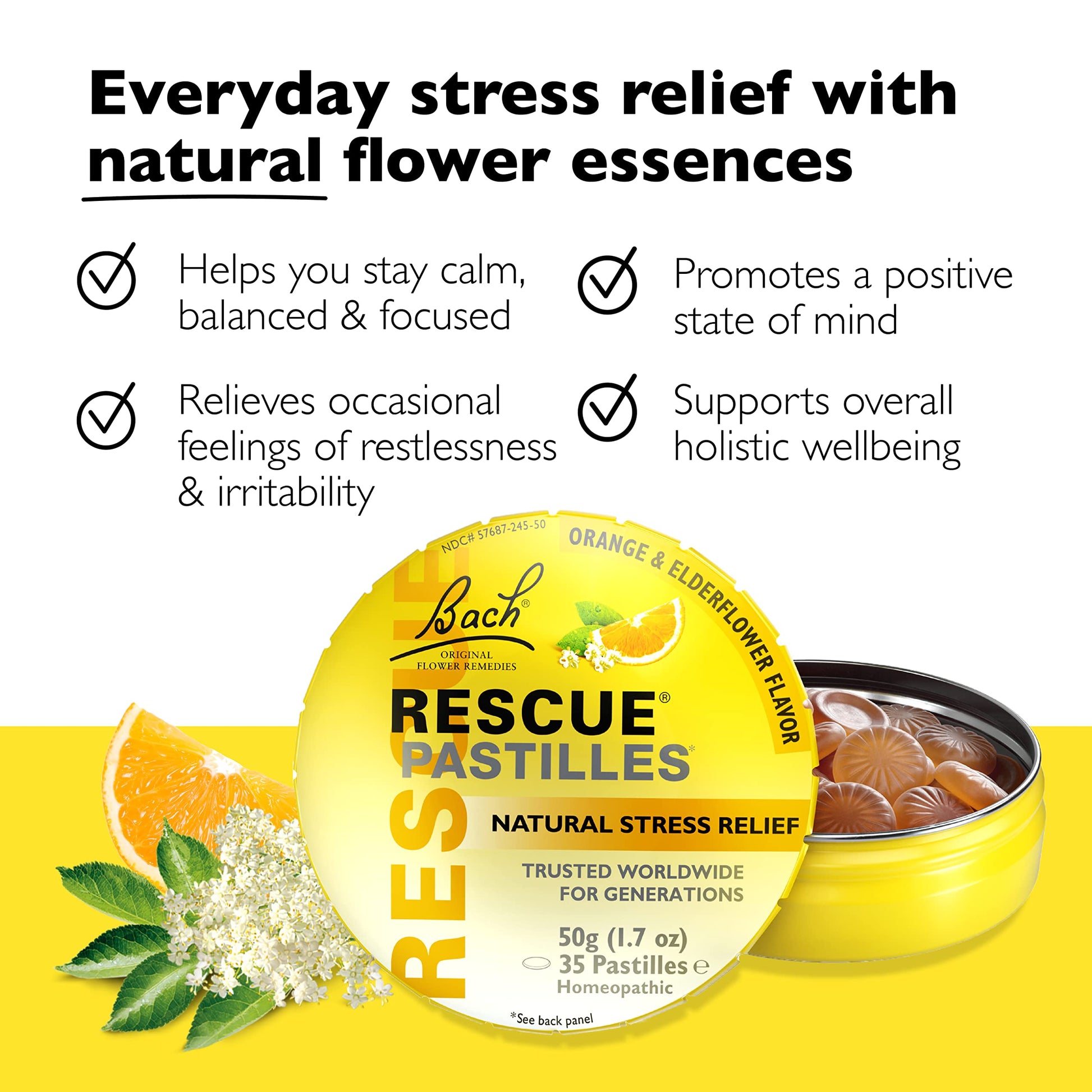 Bach RESCUE PASTILLES, Orange and Elderflower Flavor, Natural Stress RESCUE Au supplements