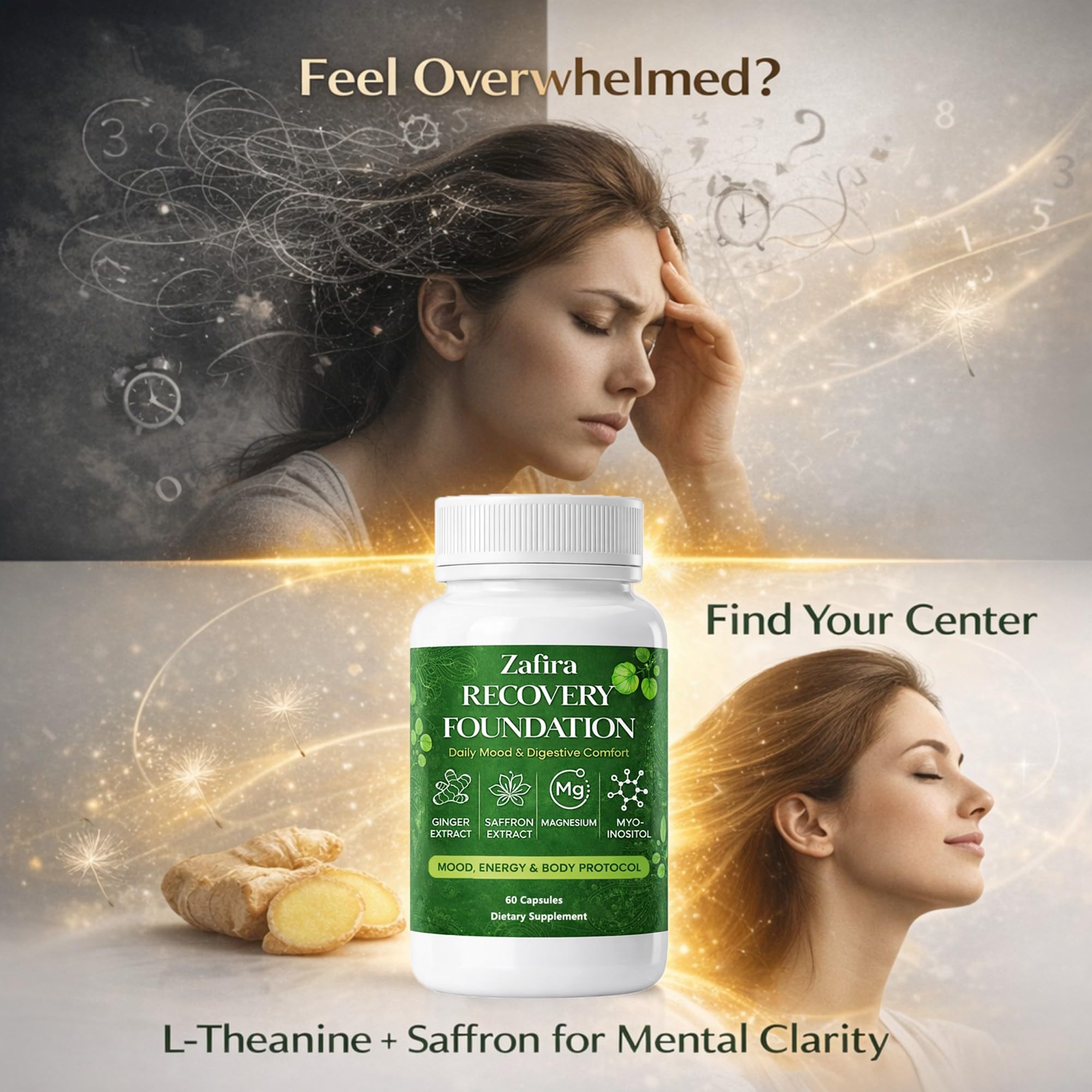 DYDUON Zafira Recovery Foundation Capsules – Mental Clarity, Hair & Mood Support, Natural Herbal Formula with Saffron Extract, Ginger Extract, L-Theanine, Myo-Inositol, Non-GMO, 60 Capsules DYDUON Au supplements