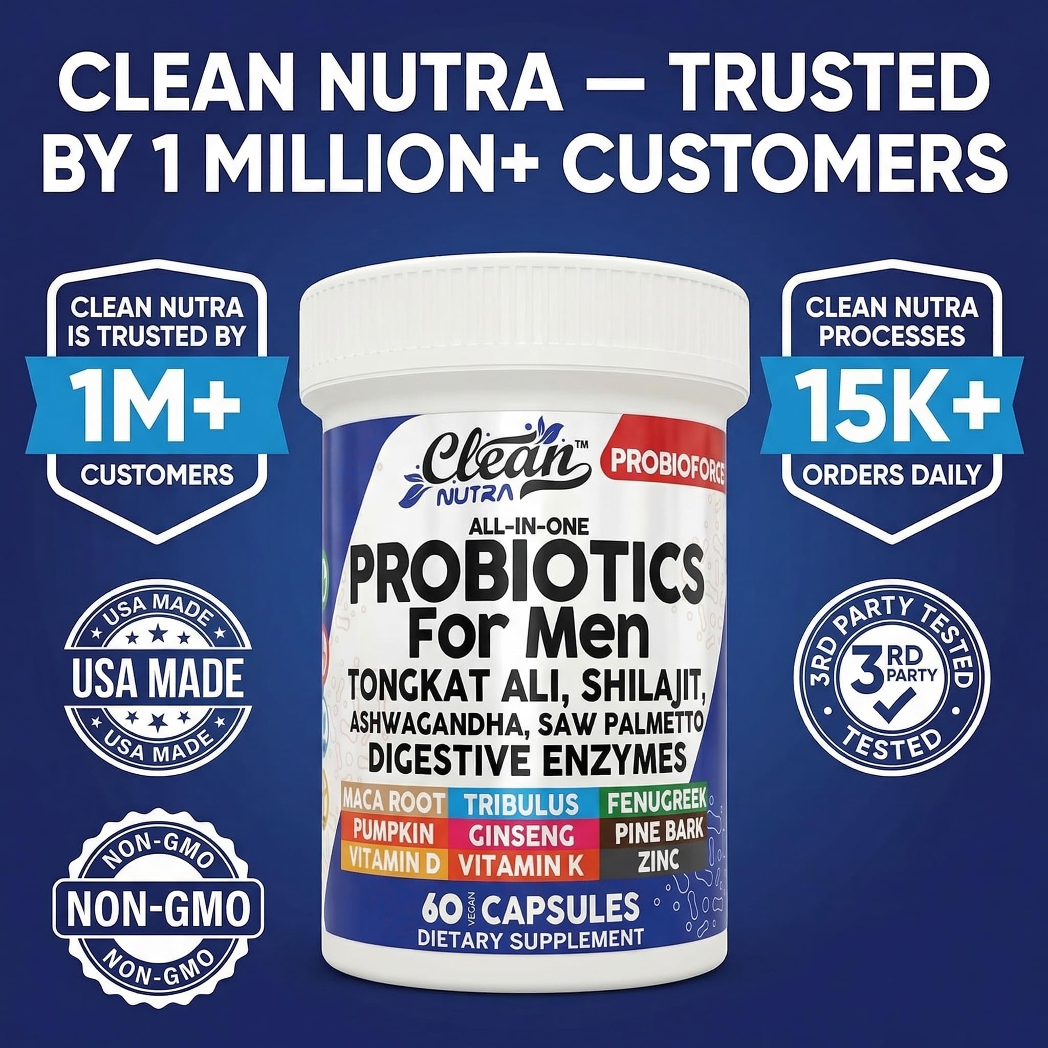 Clean Nutra Probiotics for Men | Tongkat Ali, Saw Palmetto, Tribulus, Ginseng, Ashwagandha, Maca, Pumpkin, Gingko Biloba, Pine Bark, Fenugreek, Shilajit, Zinc - Mens Probiotic 60 Capsules Clean Nutraceuticals Au supplements