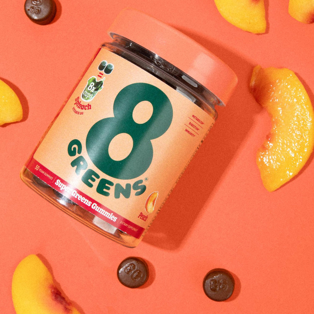 8Greens Supergreens Gummies | Super Greens Powder Superfood Gummy for Metabolism, Immunity & Focus, Digestive Health Enzymes, Organic: Chlorella, Spirulina, Aloe Vera, Peach Flavor, 200 Count 8Greens Au supplements