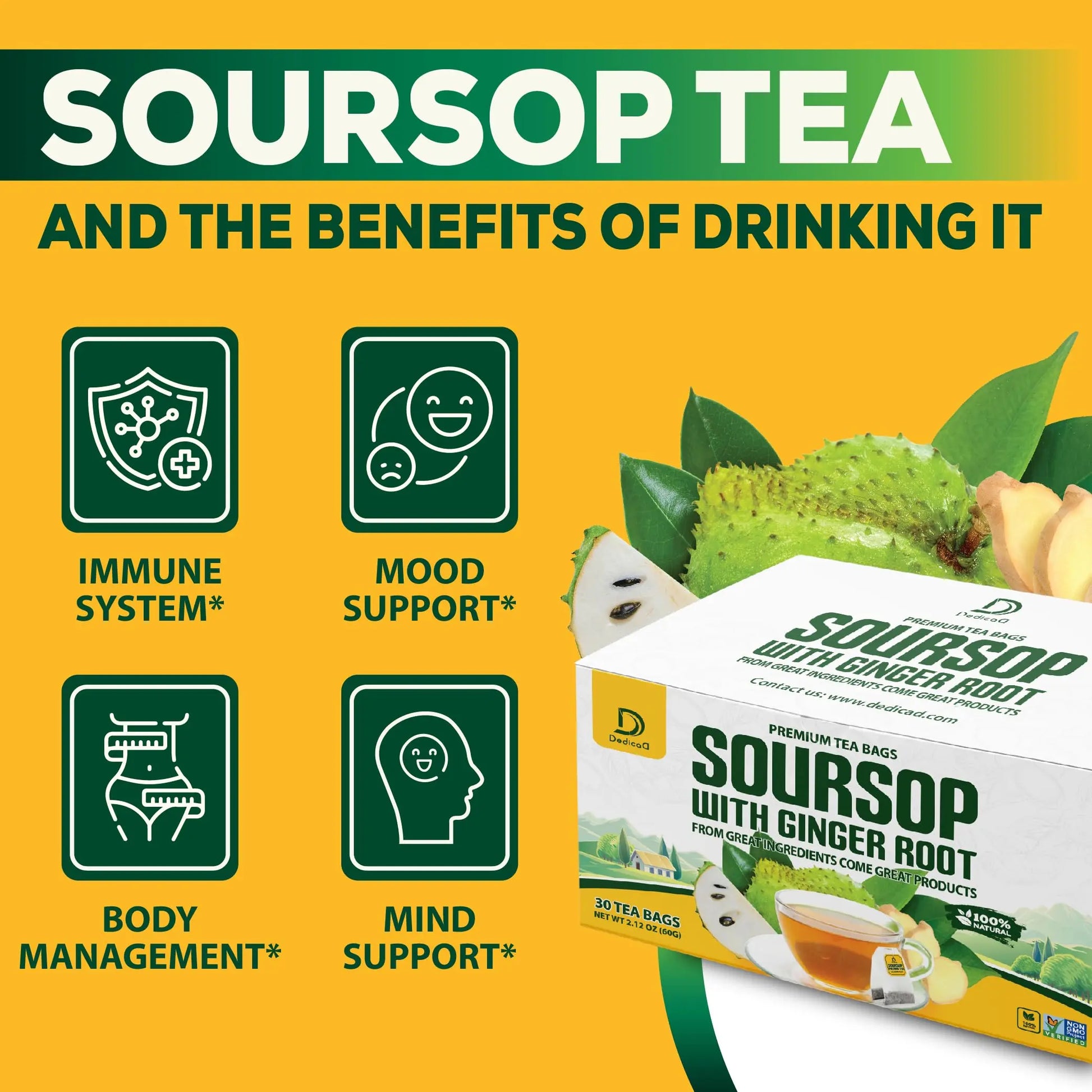 DEDICAD Soursop Leaves Tea Bags with Ginger, 30 Tea bags, 2gr/bag - Non-GMO/Caffeine free - Support Digestion, Well Skin, Immune System DEDICAD Au supplements
