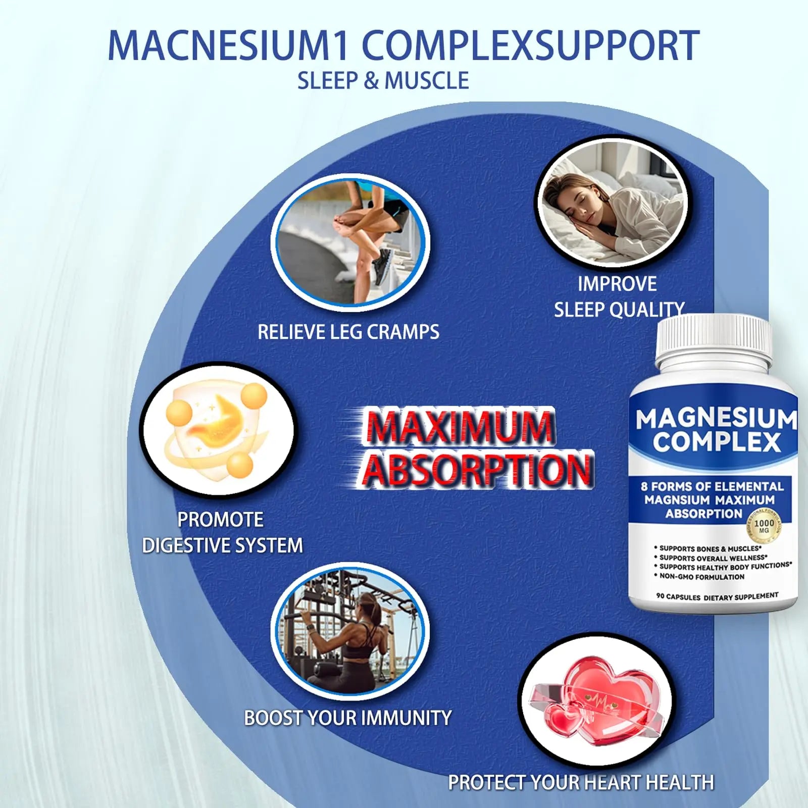Magnesium Complex 1000mg with 8 Forms – Glycinate, Citrate, Malate, Taurate for Absorption – Supports Bone, Muscle, Energy & Recovery – Vegan, Non-GMO, 90 Capsules (1) alzclipp Au supplements