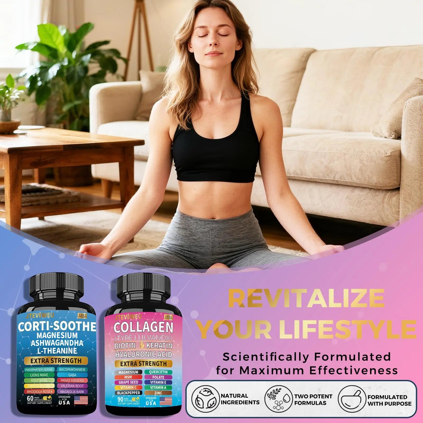 JTEVEweu Shining Serenity Set, Cortisol Support with Ashwagandha, L-Theanine, Magnesium, Lions Mane, GABA, Bacopa Monnieri, Collagen Biotin, Keratin, Hyaluronic Acid, Quercetin JTEVEweu Au supplements
