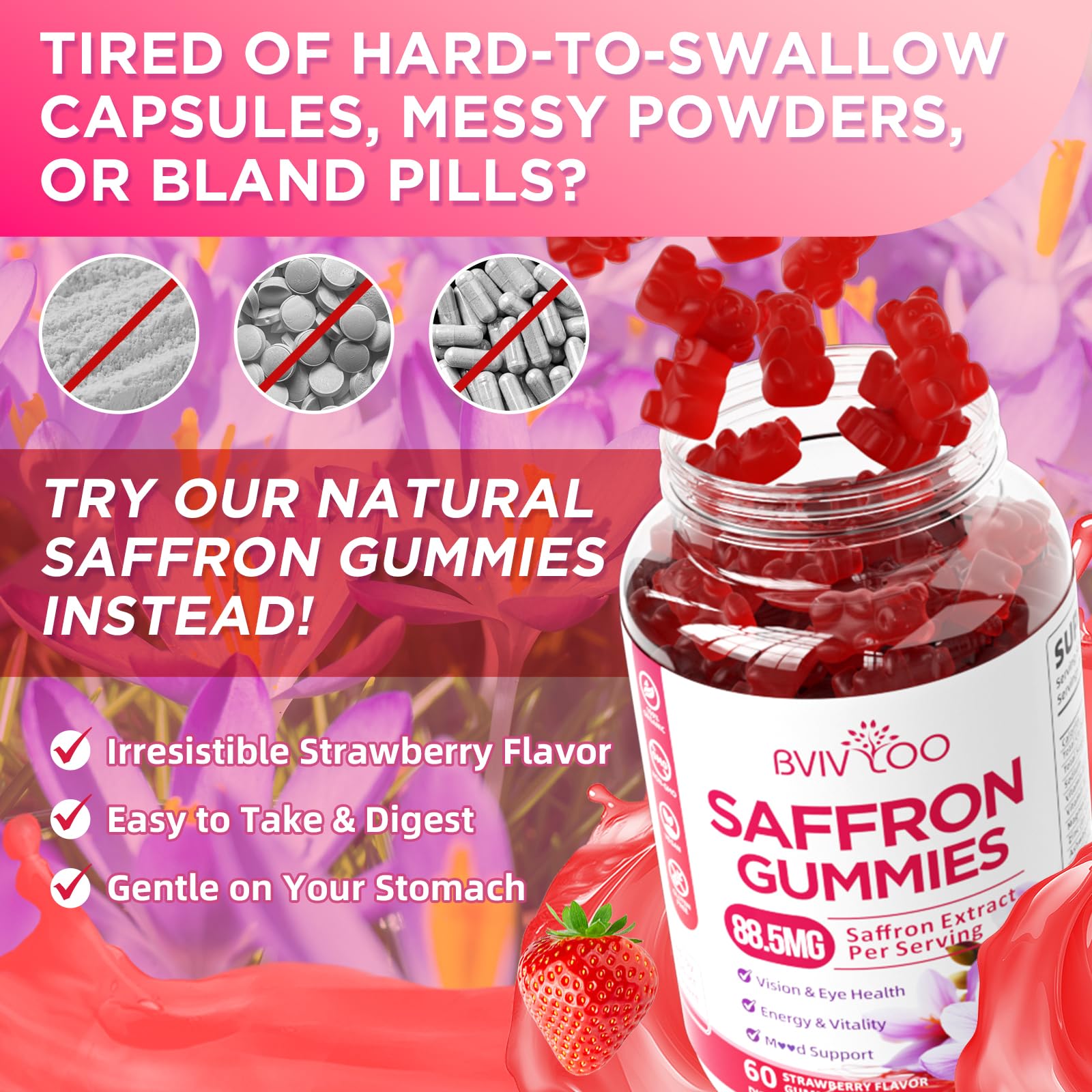 Saffron Gummies for Adult Kids, 10-IN-1 Formula with Saffron 88.5mg, Vitamins D3 & B6, Magnesium, Zinc, Ashwagandha, L-Theanine, St. John's Wort - Supports Mood & Focus, Strawberry Flavor, 60 Count BVIVLOO Au supplements
