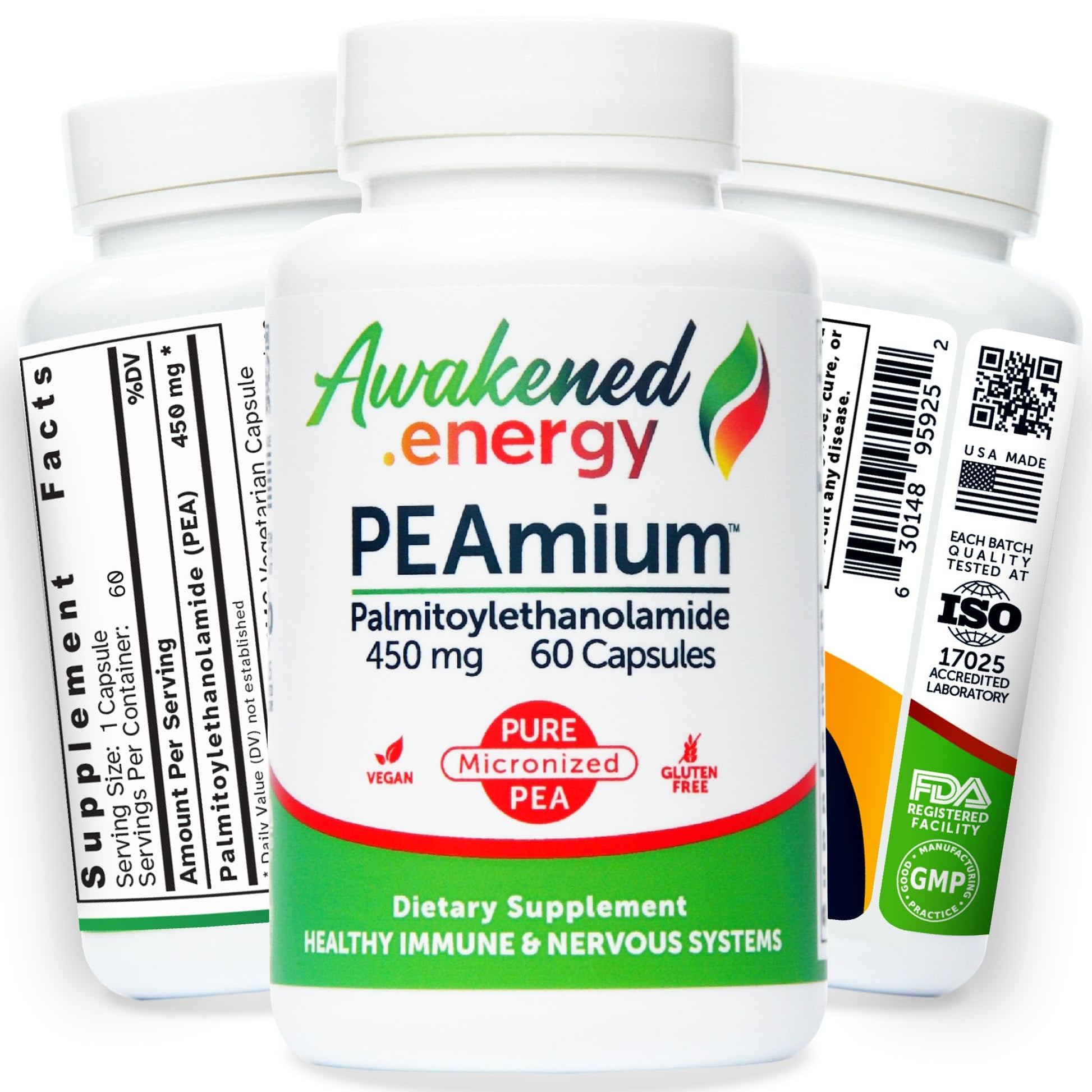 Palmitoylethanolamide 450mg Comfort Mobility Nerves Cognitive & Immune Support - Micronized High Absorption - All Natural Pea - USA Made - No Additives or Excipients – 60 Vegan Capsules Supplement Awakened.energy Au supplements