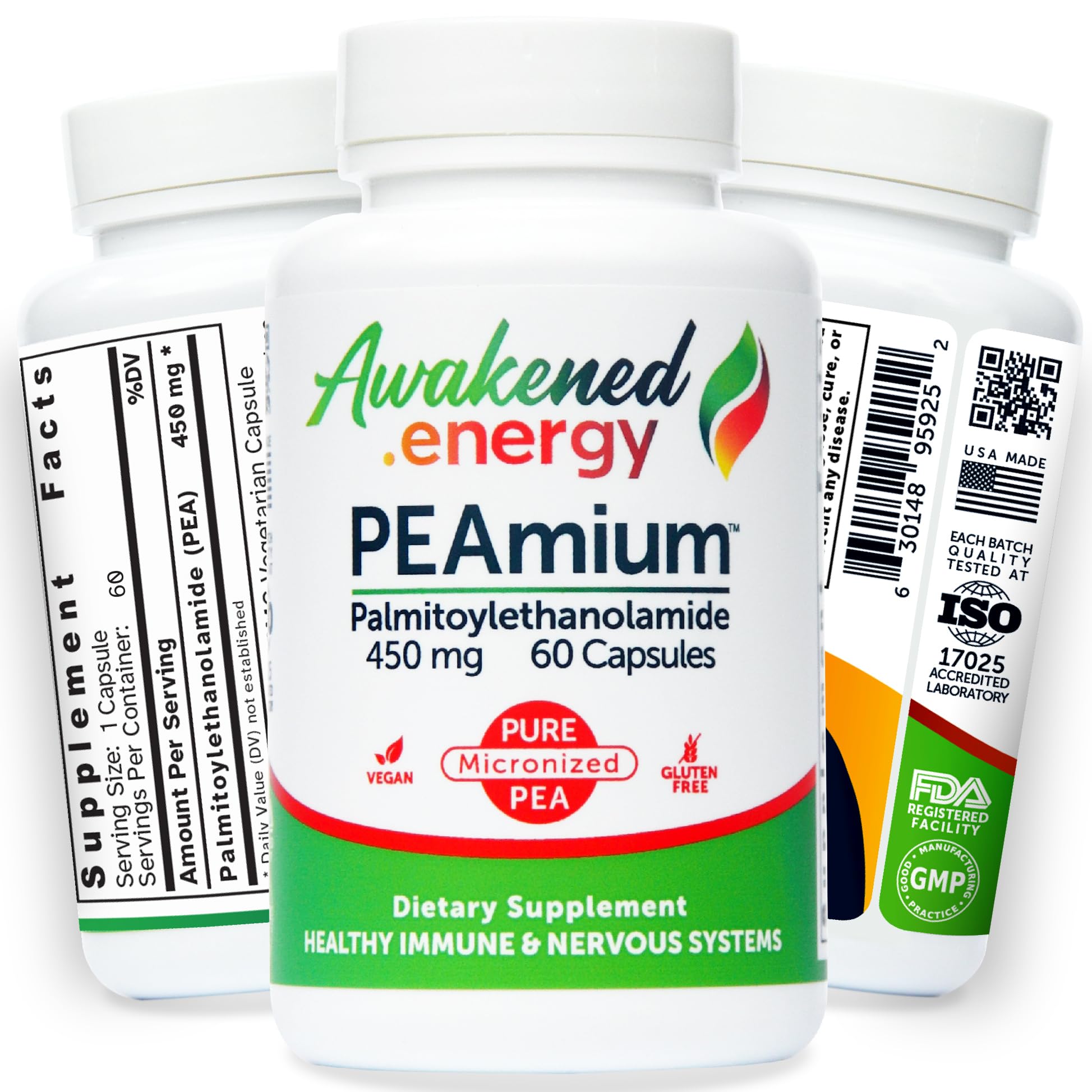 Palmitoylethanolamide 450mg Comfort Mobility Nerves Cognitive & Immune Support - Micronized High Absorption - All Natural Pea - USA Made - No Additives or Excipients – 60 Vegan Capsules Supplement Awakened.energy Au supplements