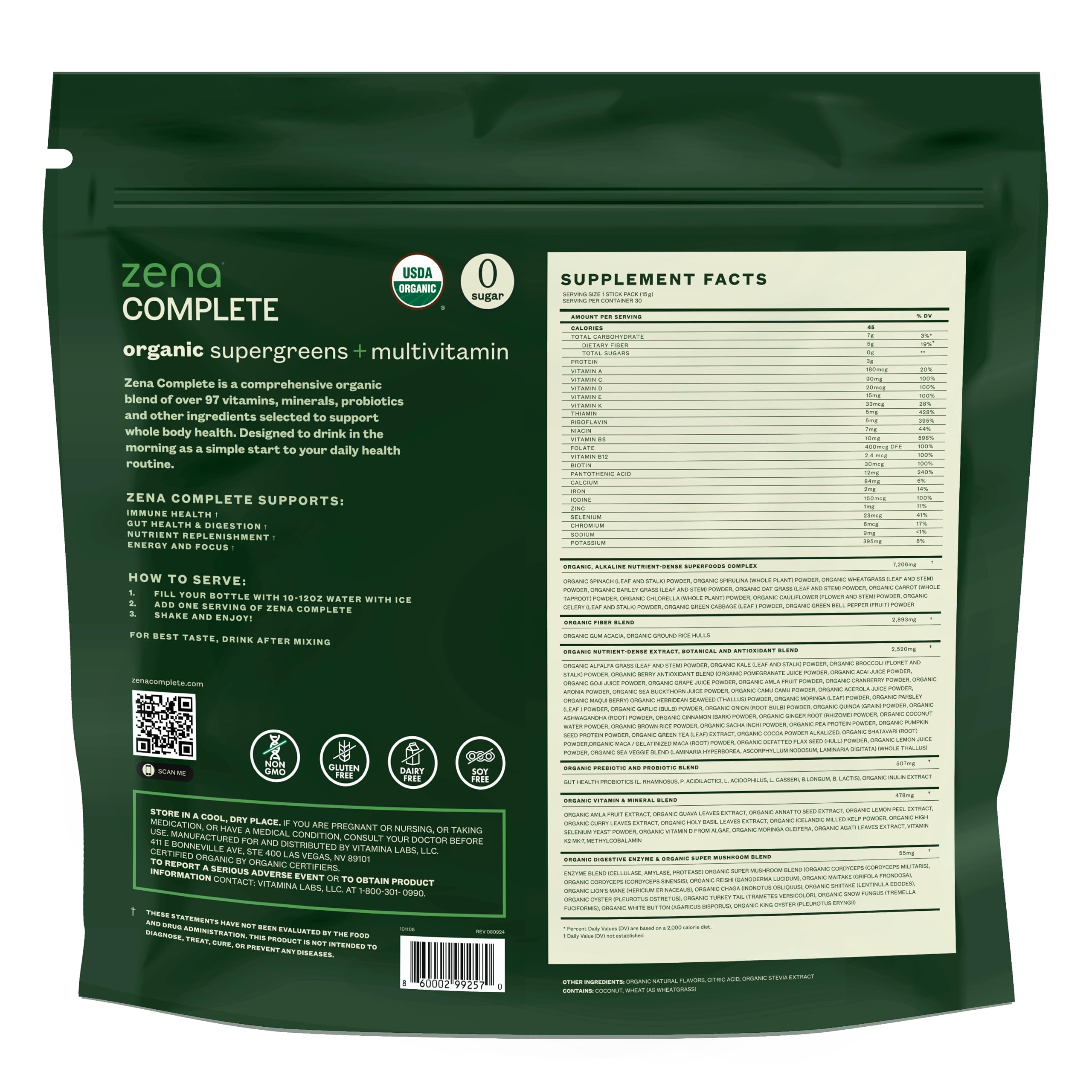 Zena Complete Organic Super Greens Powder & Multivitamin, 90+ Supergreens, Fruits, Veggies, Pre & Probiotics, Watermelon Citrus Flavor Zena Nutrition Au supplements