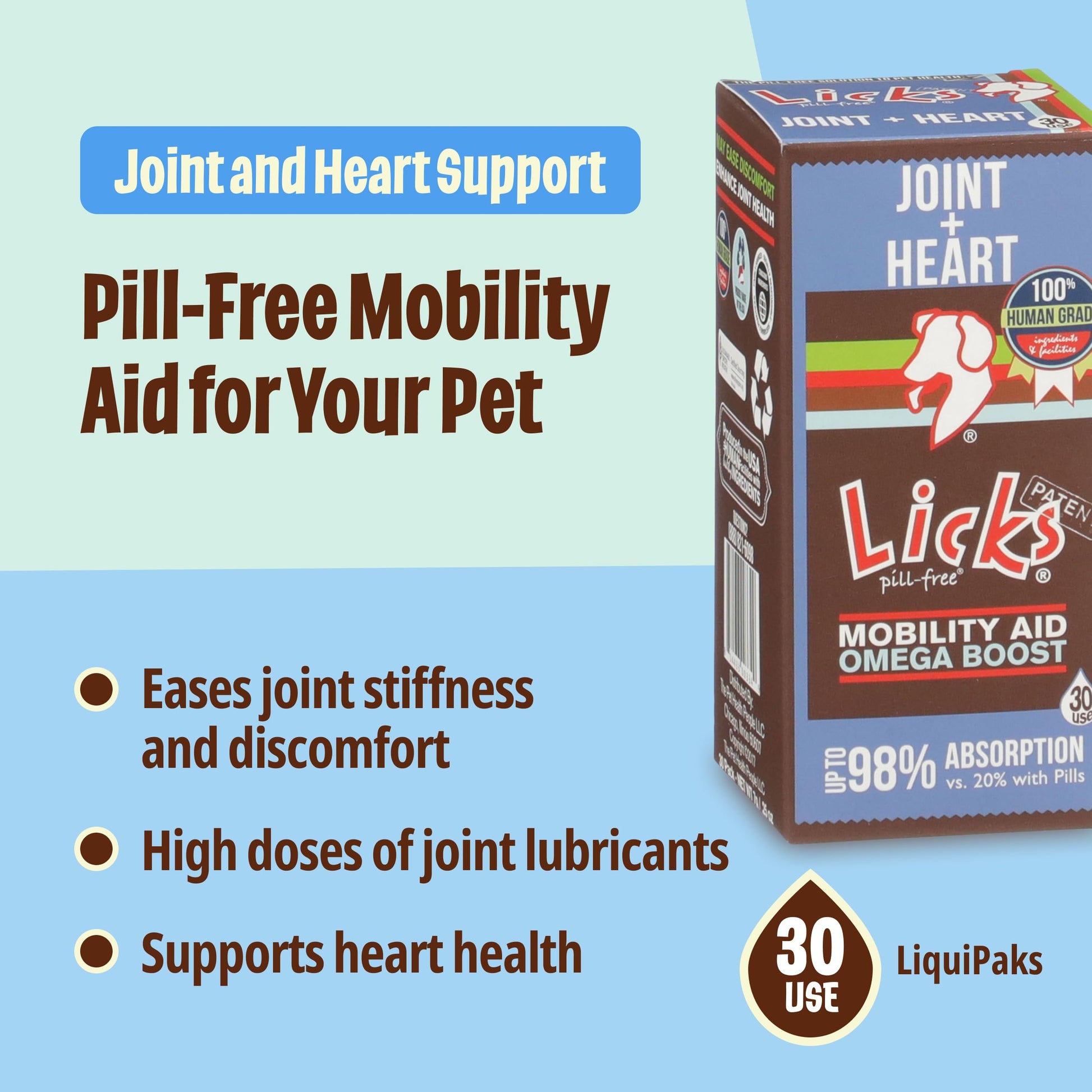 Licks Pill-Free Dog Joint and Heart - Glucosamine & Omega 3 Fish Oil Supplement for Dogs - Inflammation Supplements for Joint Support - Gel Packets - 30 Use Licks Pill Free Au supplements