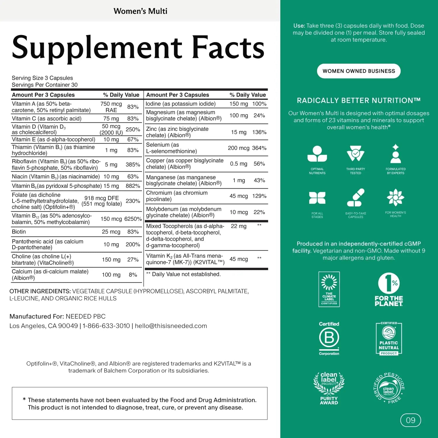 Needed. Multivitamin for Women with 23 Vitamins, Minerals and Antioxidants - Daily Womens Multivitamin Needed. Au supplements