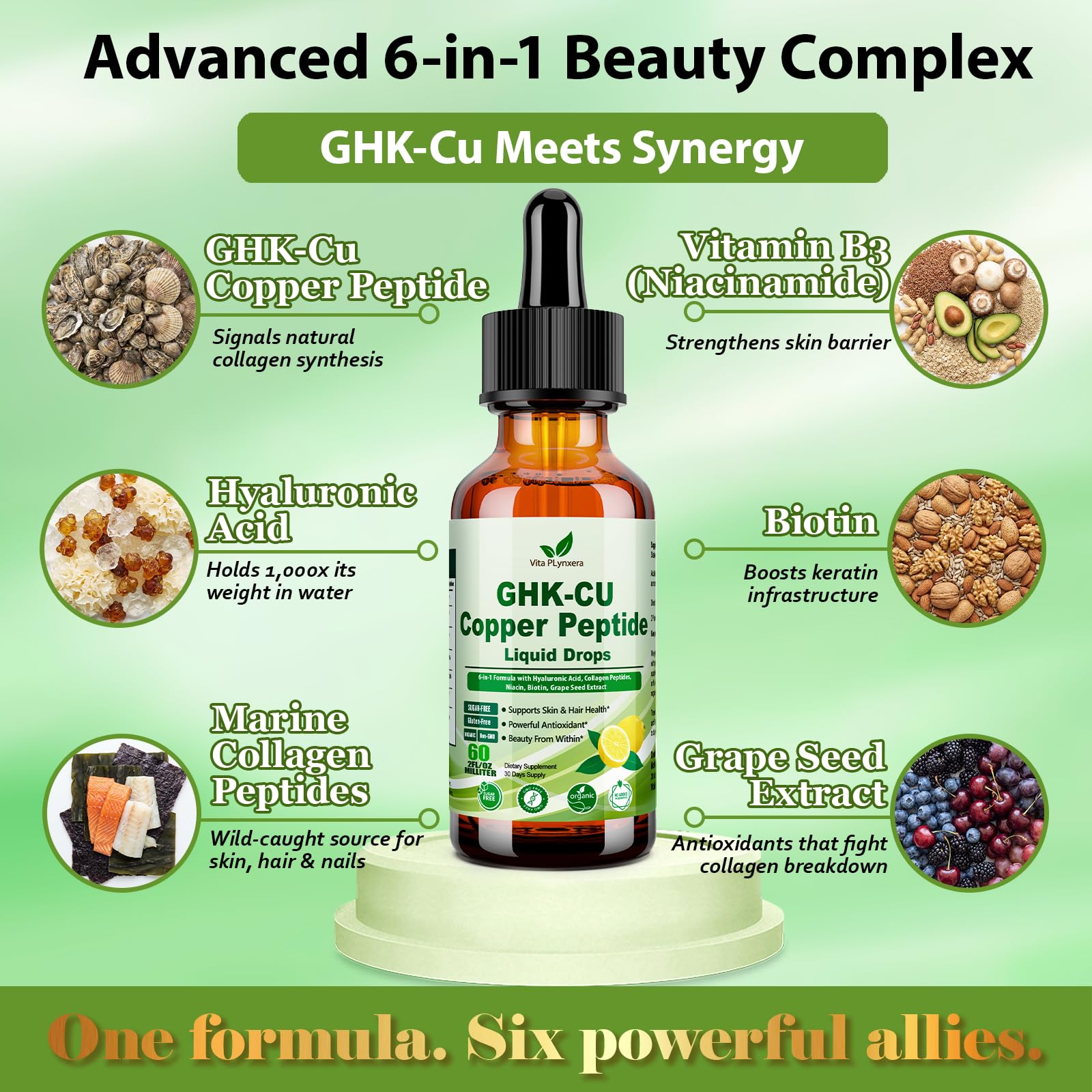Vita PLynxera GHK-CU Peptide Supplement Liquid Drops, Premium 6-in-1 GHK CU Copper Peptides w. Marine Collagen Hyaluronic Acid Biotin for Anti-Aging, Skin Hair Growth Support, Oral Drops丨Women Men Vita PLynxera Au supplements
