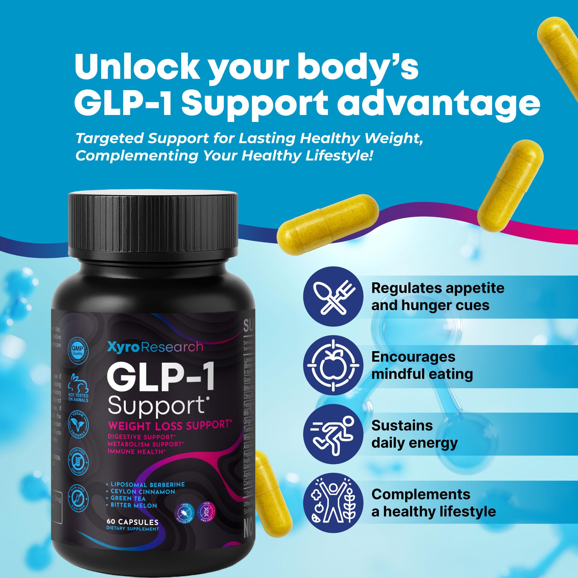 Xyro Research GLP-1 Support Weight Loss Supplement - Appetite Suppressant & Metabolism Booster to Support Natural Hunger Control Curb Cravings Burn Fat & Gut Wellness Xyro Research Au supplements