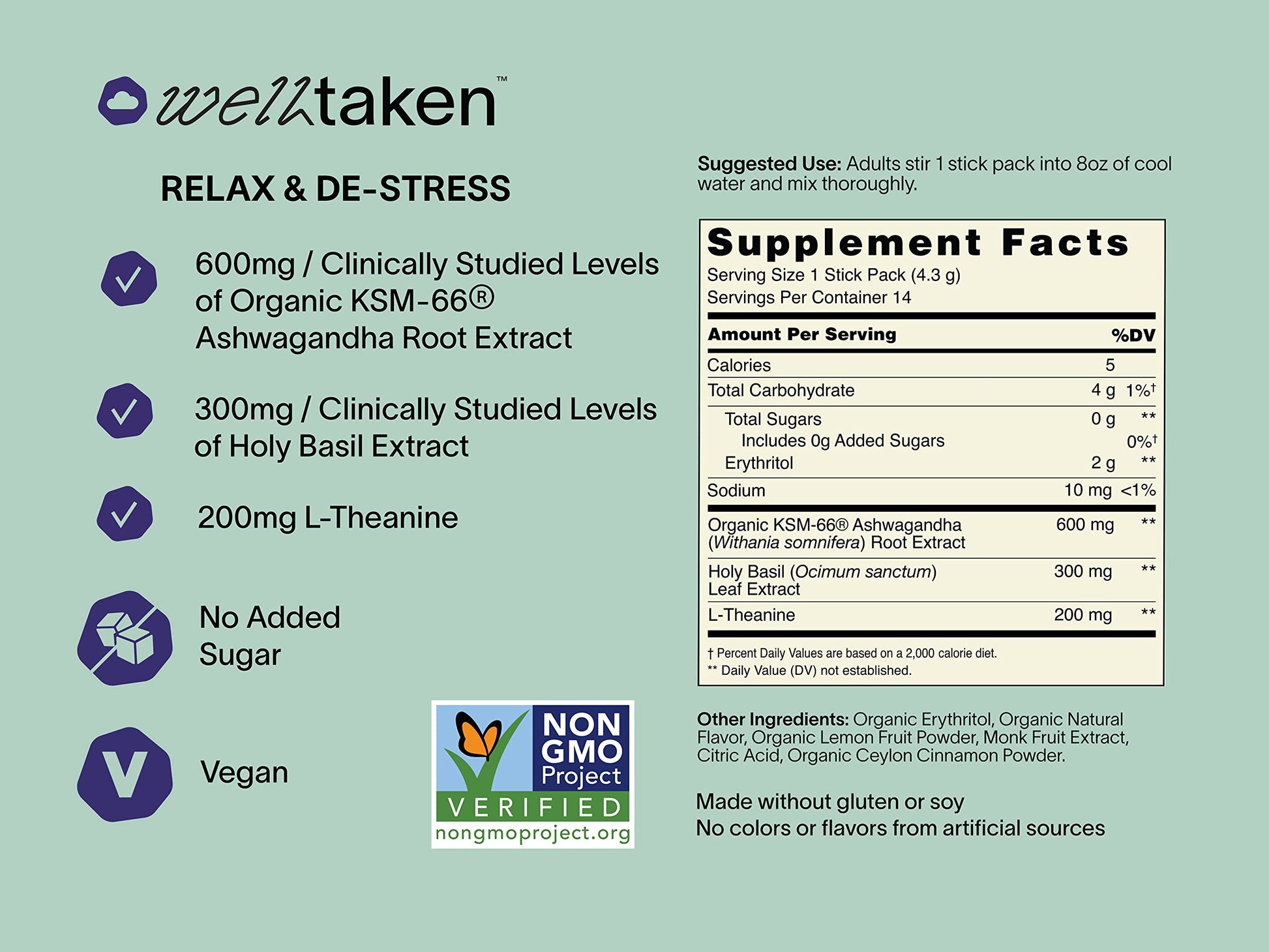 WellTaken Ashwagandha Relax & De-Stress Powder - Lemon Lavender 14ct Box - 600mg Ashwagandha, 200mg L-Theanine, Holy Basil – Supports Stress, Relaxation – Vegan, No Added Sugar - 14 Servings WellTaken Au supplements