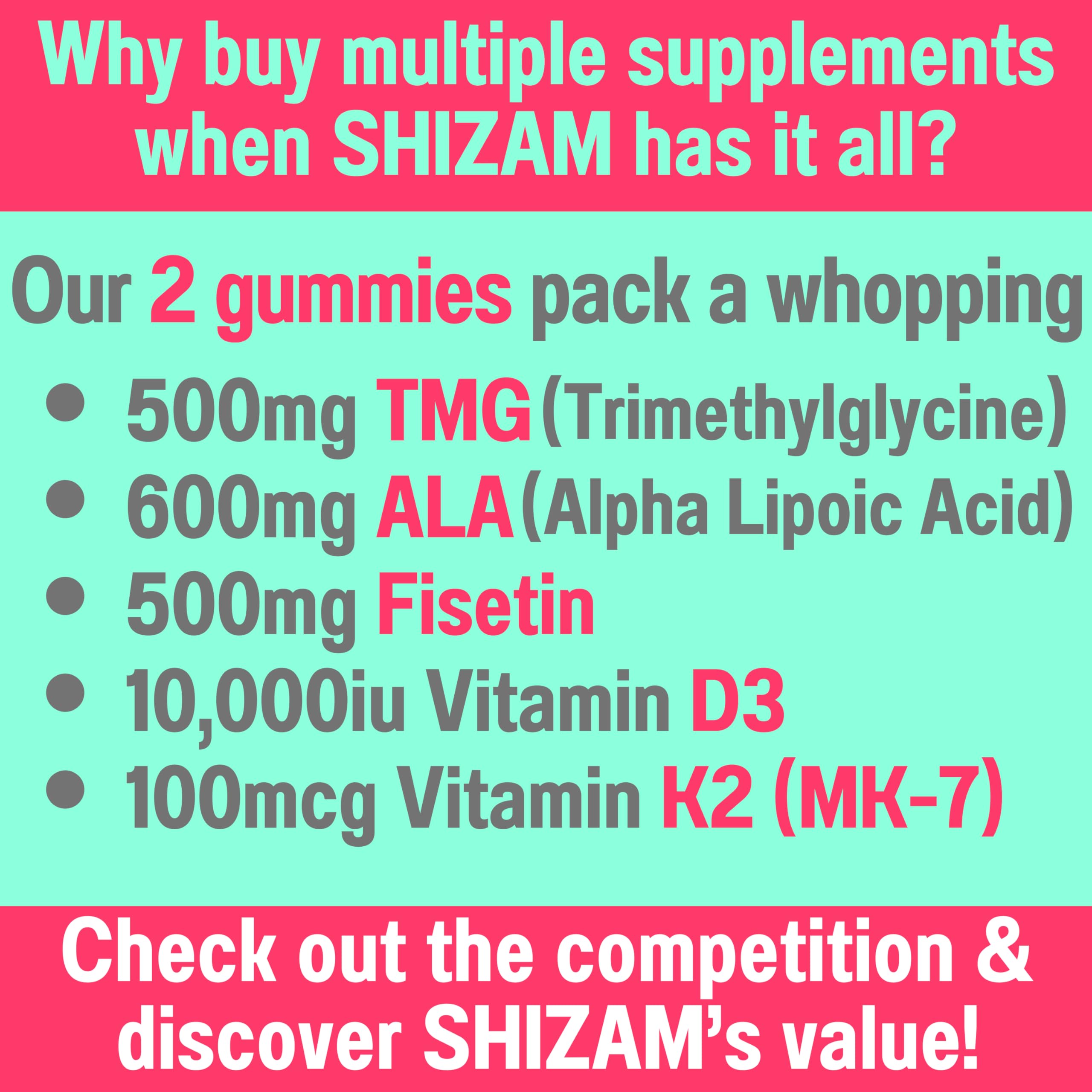 SHIZAM TMG Betaine Alpha Lipoic Acid ALA D3 Fisetin Gummies, Tri-Methylglycine trimethylglycine R-Alpha NAD+ Plus + HCL Supplements, Mitochondrial Senolytic Activator, NR Capsules Powder 600mg 1000mg SHIZAM Au supplements