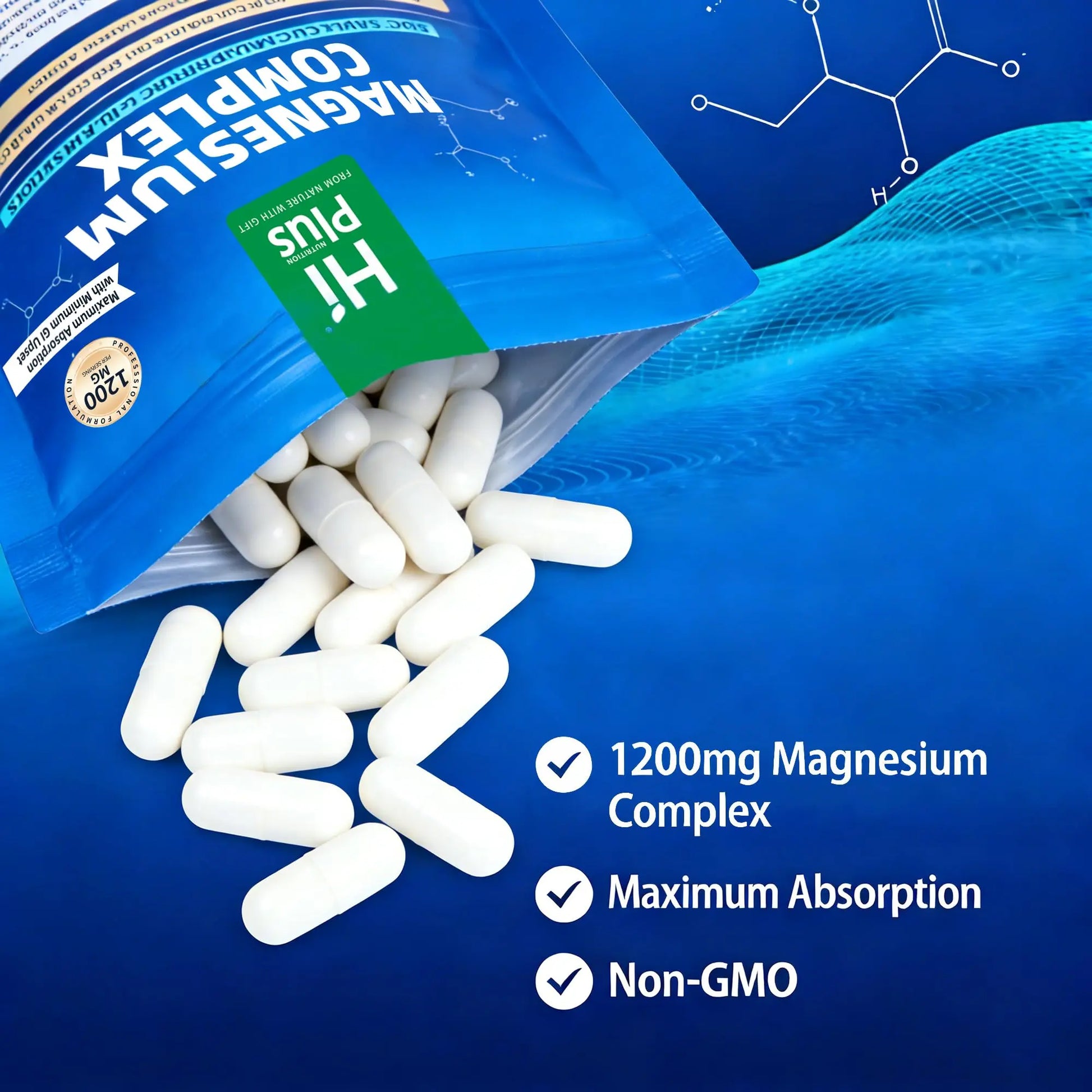 Magnesium Complex Supplement with 10 Forms of Elemental Magnesium, 1200 mg per Serving, Magnesium Glycinate, Citrate, Malate & Taurate, High Absorption Vegan Capsules, Non-GMO HiPlus Au supplements