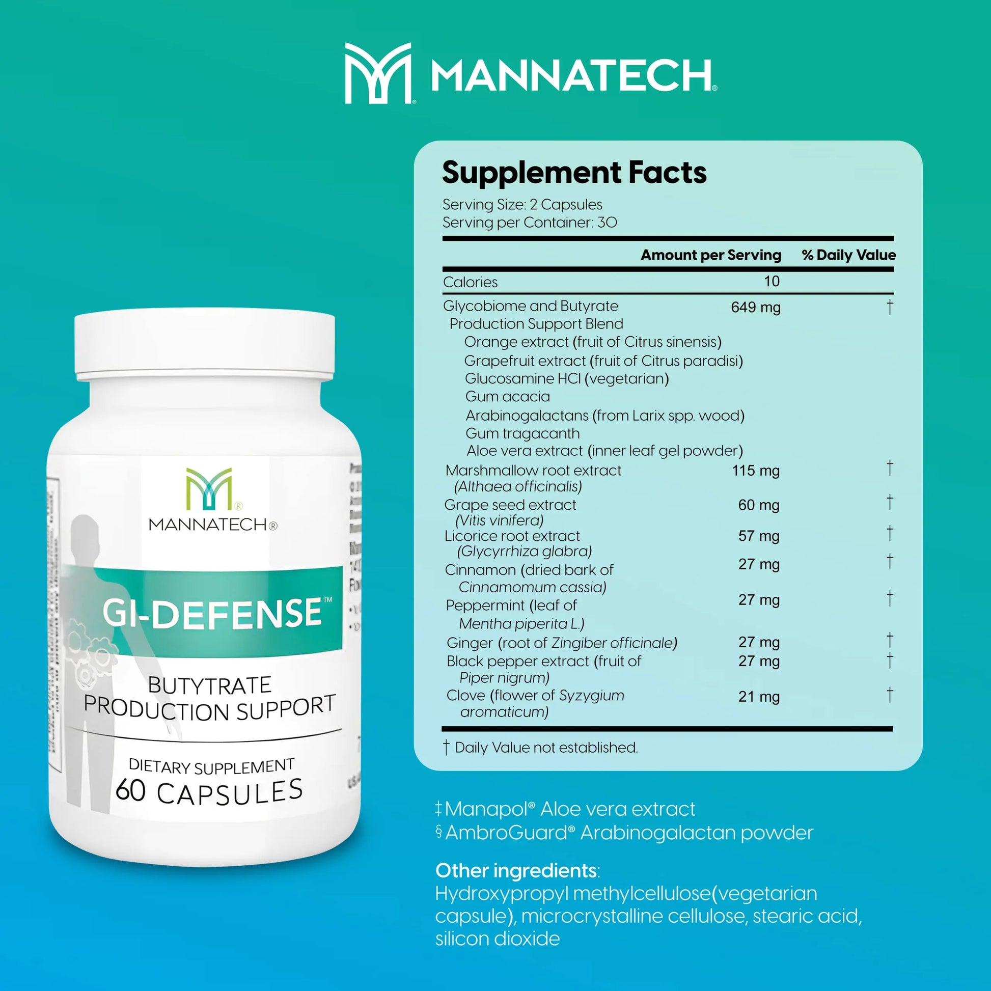 Mannatech Butyrate Supplement - Supports Gut Barrier Function, Intestinal Health, and Digestive Comfort - Promotes Short Chain Fatty Acid Production, Immune Support Supplement GI-Defense 60 Capsules Mannatech Au supplements