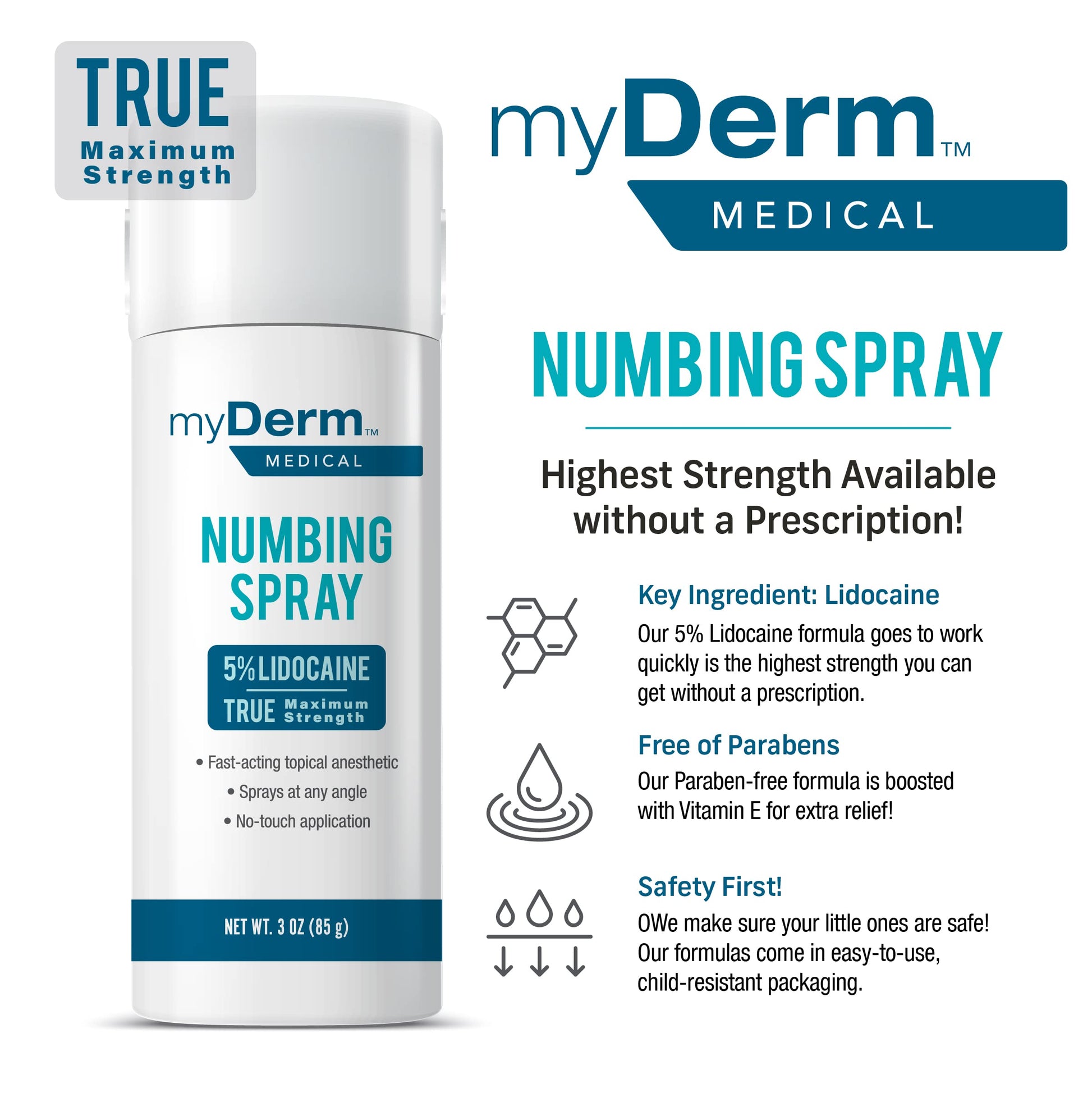 Myderm Medical Numbing Spray - 4.5oz - Maximum Strength 5% Lidocaine with Phenylephrine HCl and Witch Hazel - Fast-Acting Reliever with A Touch-Free Application - First Aid Supplies - Made in USA Myderm Au supplements
