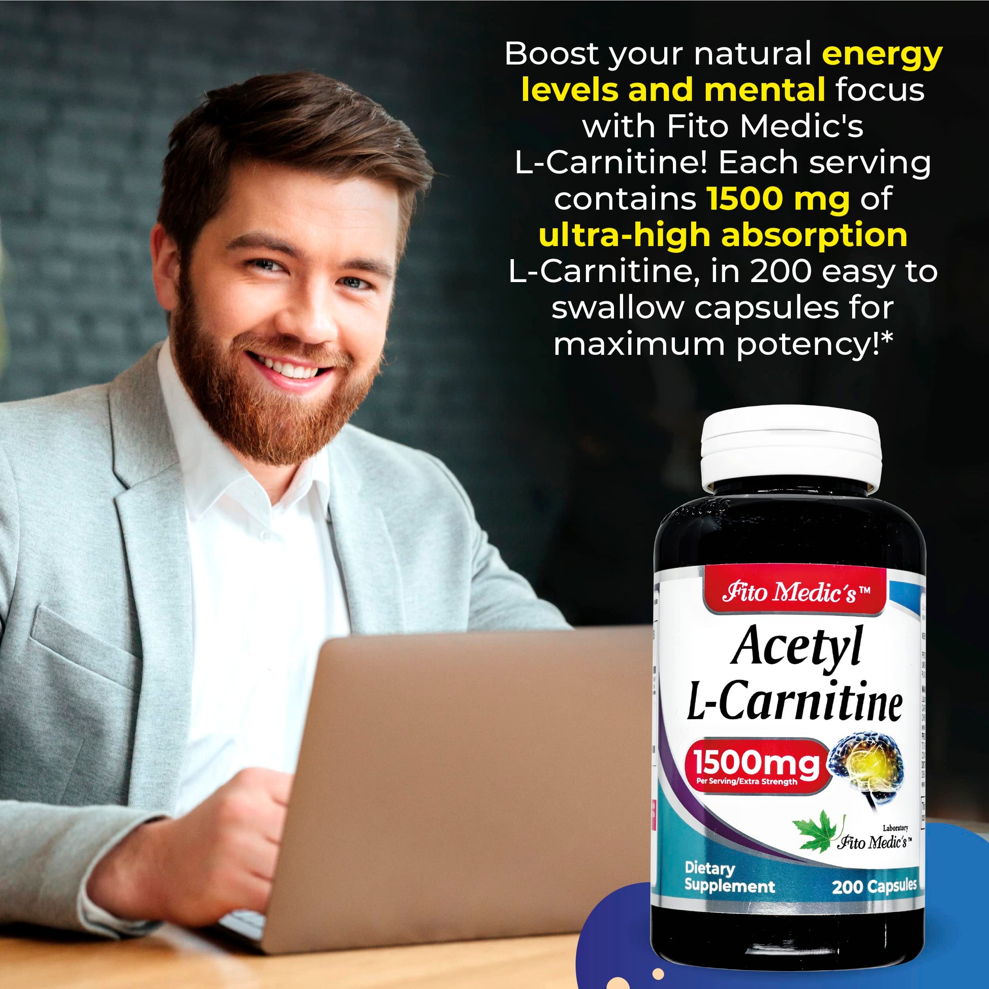 Lab - l carnitine - 1500 mg per Serving, 200 Capsules, l-carnitine - High Potency of - Acetyl FITO MEDIC'S Au supplements
