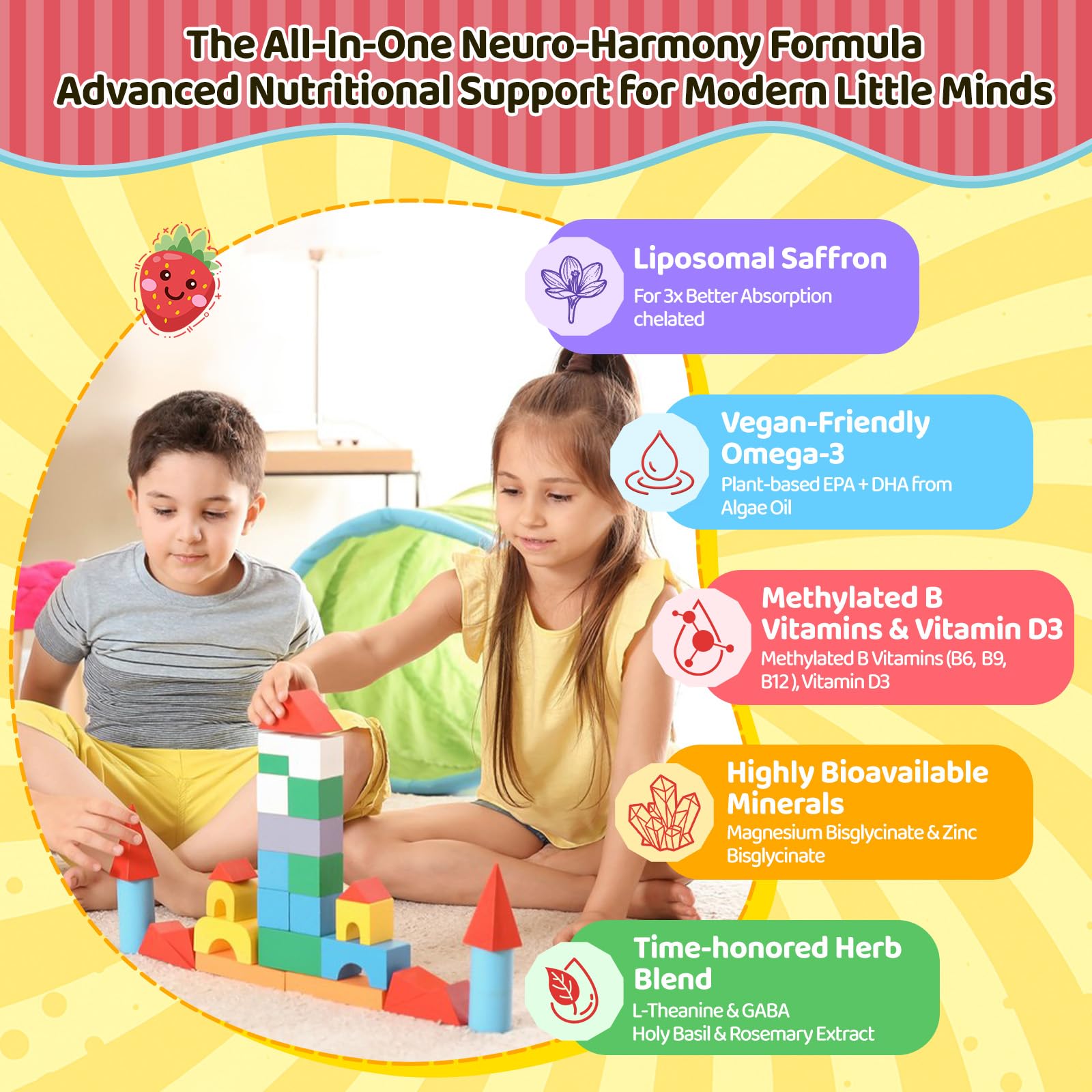 Liposomal Saffron Gummies for Kids 4+, Saffron Supplements w/Holy Basil, Rosemary, Magnesium Glycinate, Omega-3 & More, Brain Focus Support Supplement, Vegan, Organic, Sugar Free, 60 Chewables duwhot Au supplements