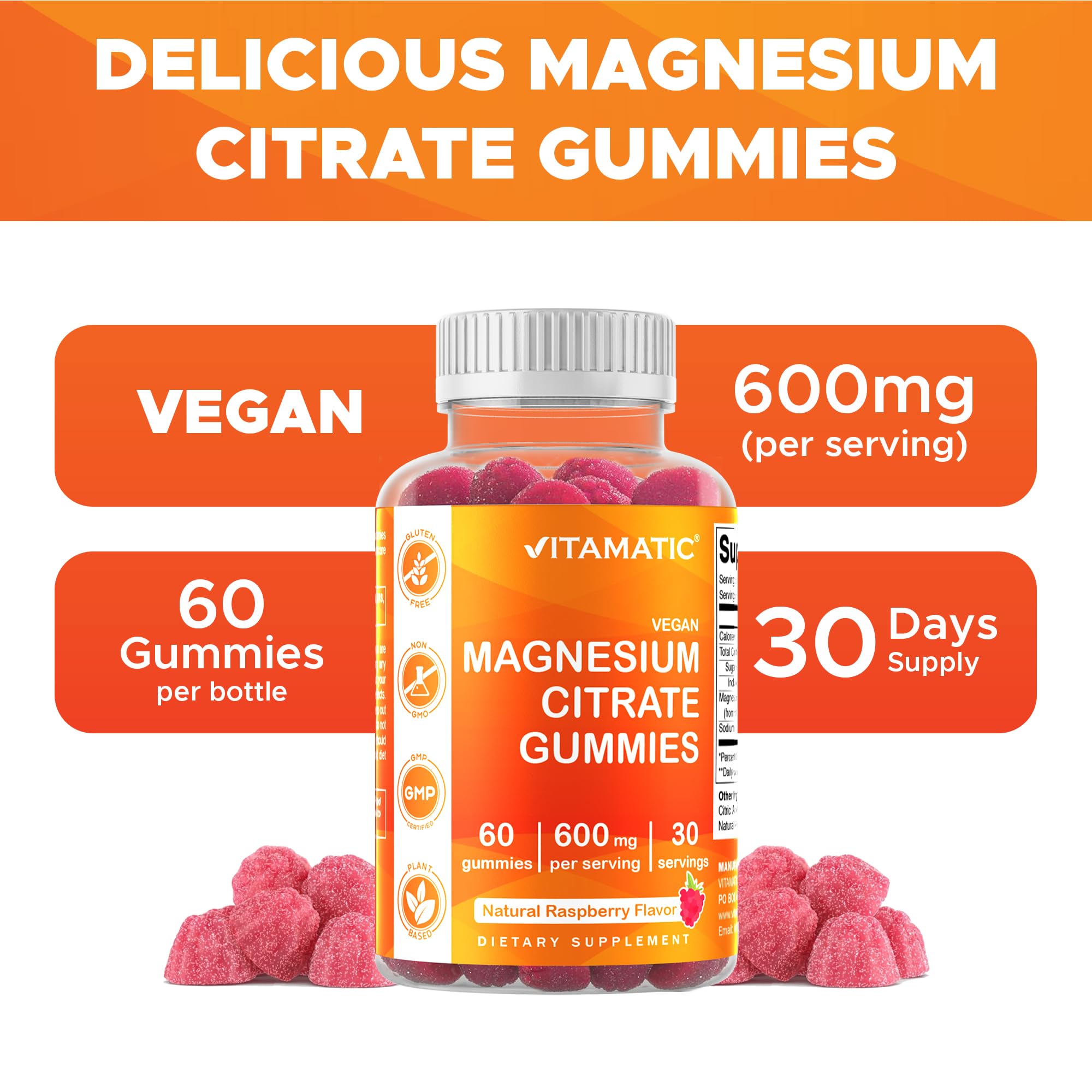 Vitamatic Magnesium Gummies 600mg per Serving – 60 Vegan Count for Relaxation, Muscle, Bone, and Energy Support Vitamatic Au supplements